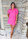 Embroidered shirt dress
collared button down dress
short puff sleeve dress
scallop hem embroidered dress
Hot pink dress
