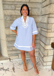 contrast trim striped dress
blue striped dress
stand collar dress