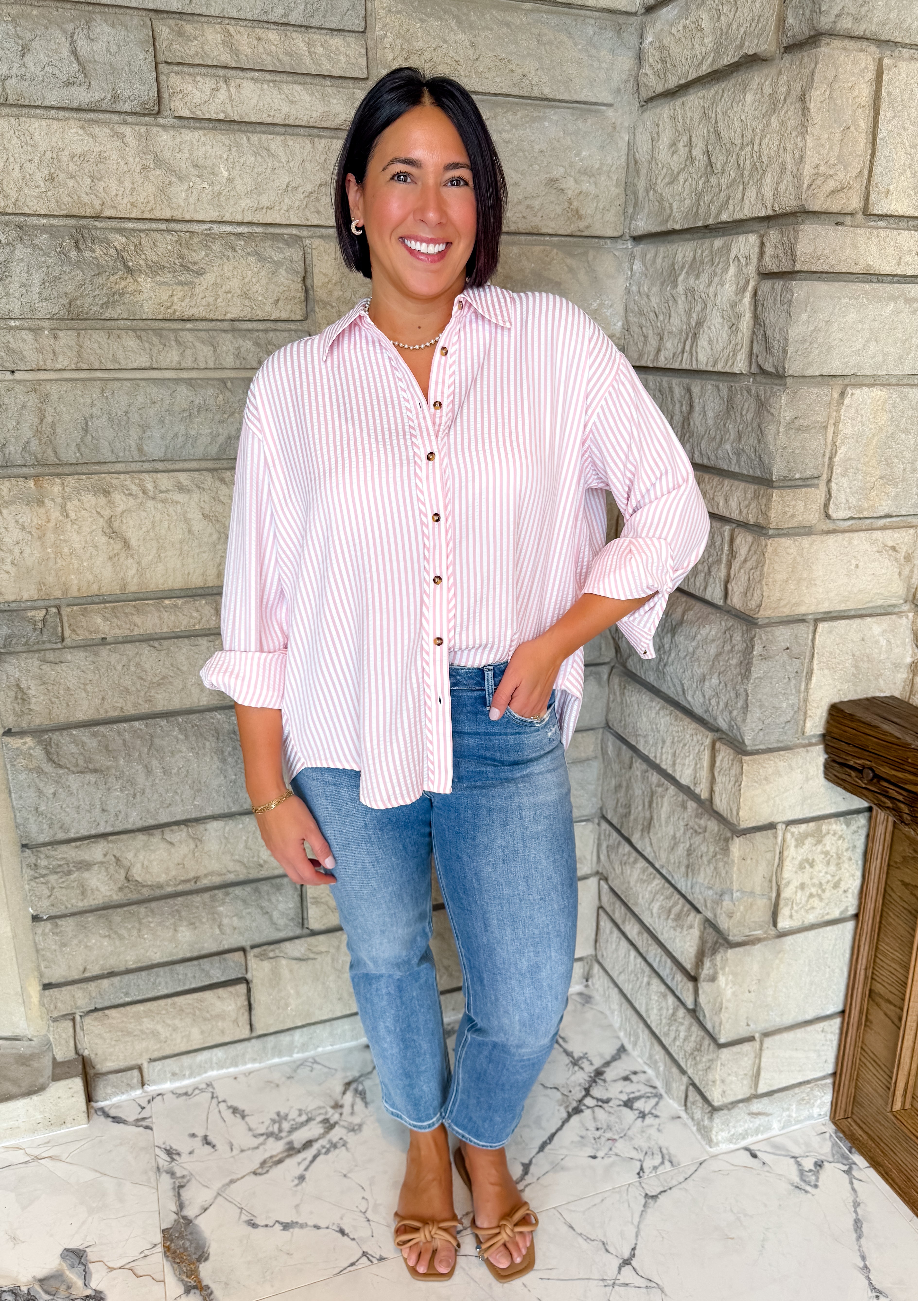 seersucker button blouse
oversized striped shirt
pink stripe button top