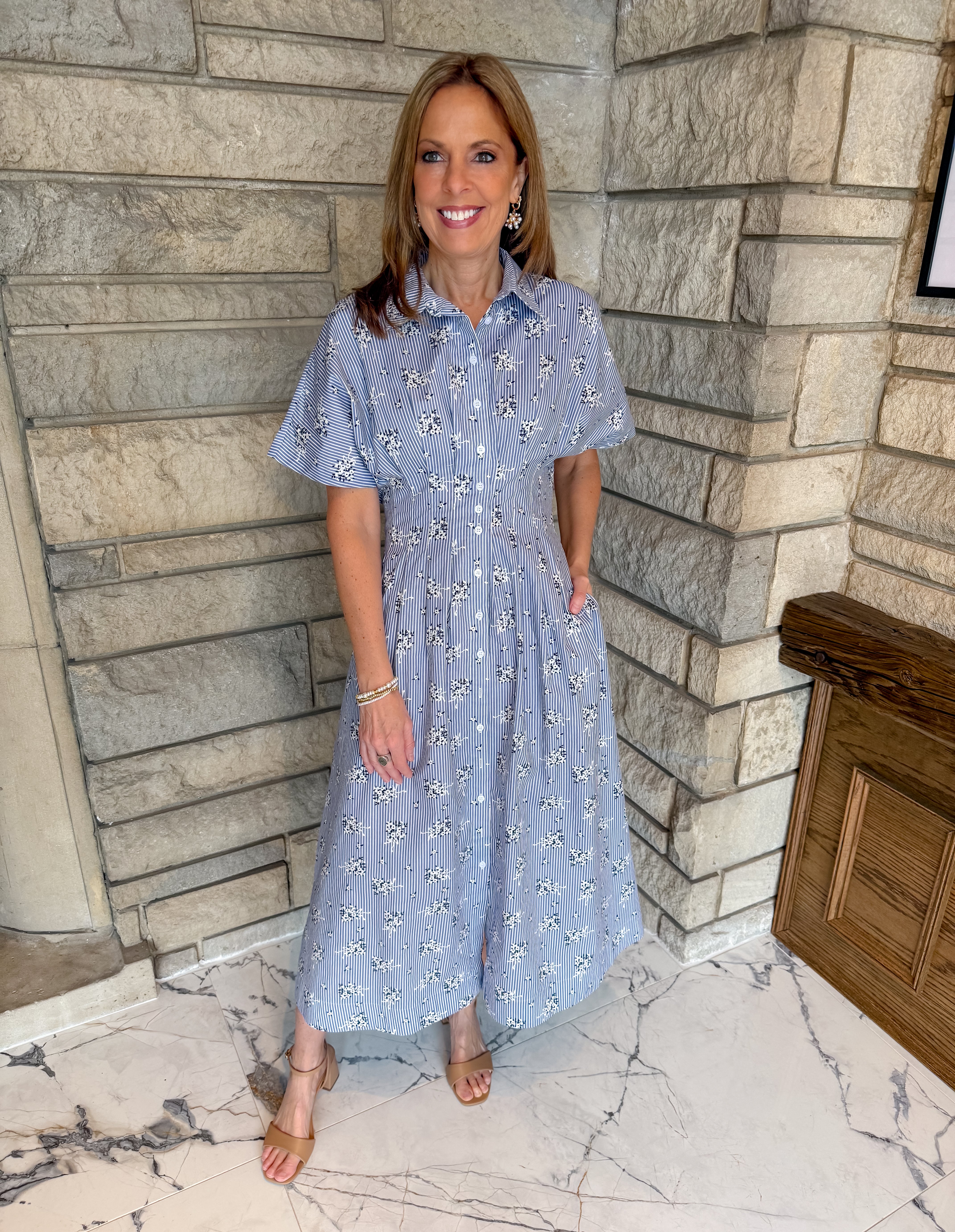 pintuck waist dress
collared button shirt dress
striped floral midi dress
navy striped midi