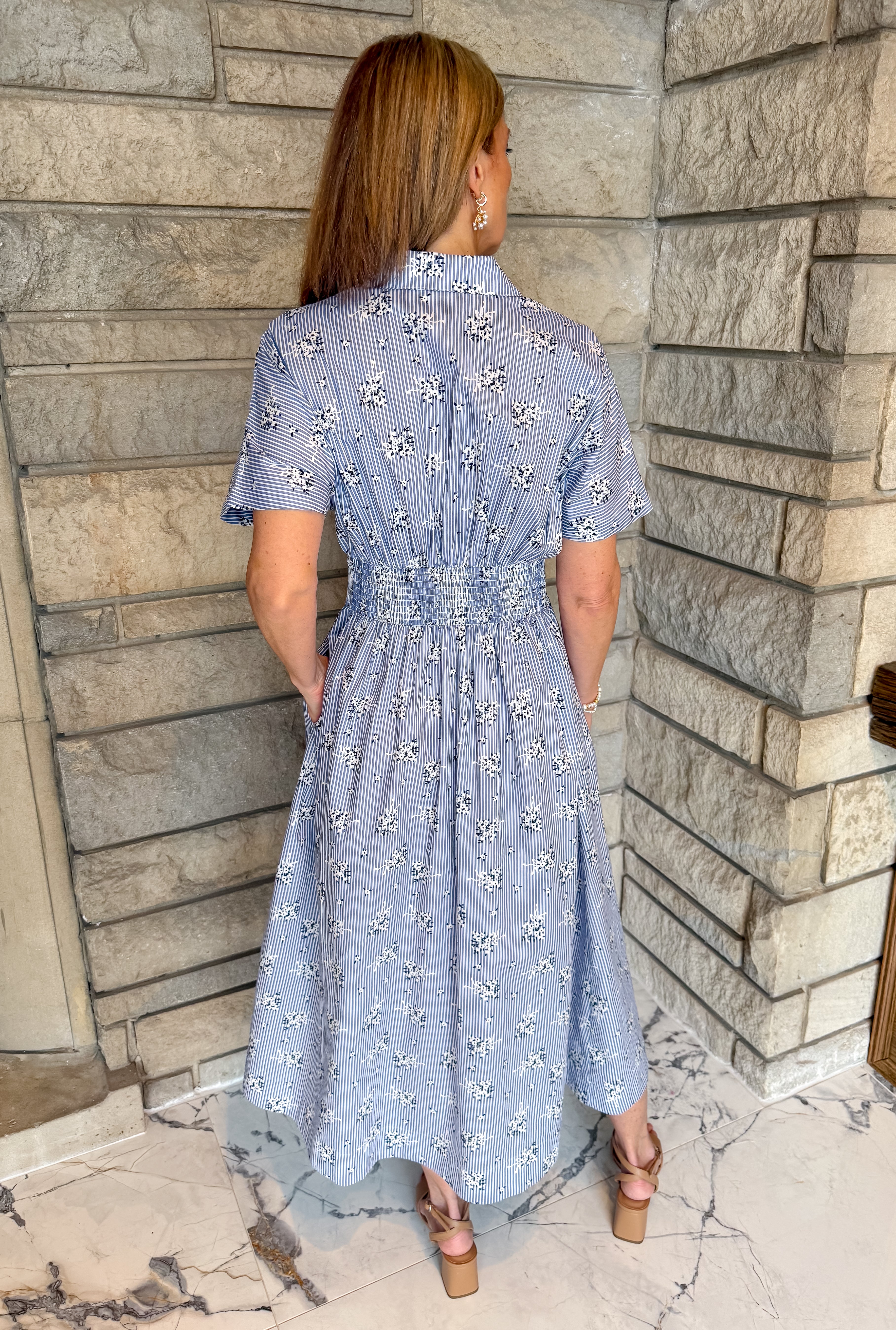 Renata Striped Pintuck Midi Shirt Dress