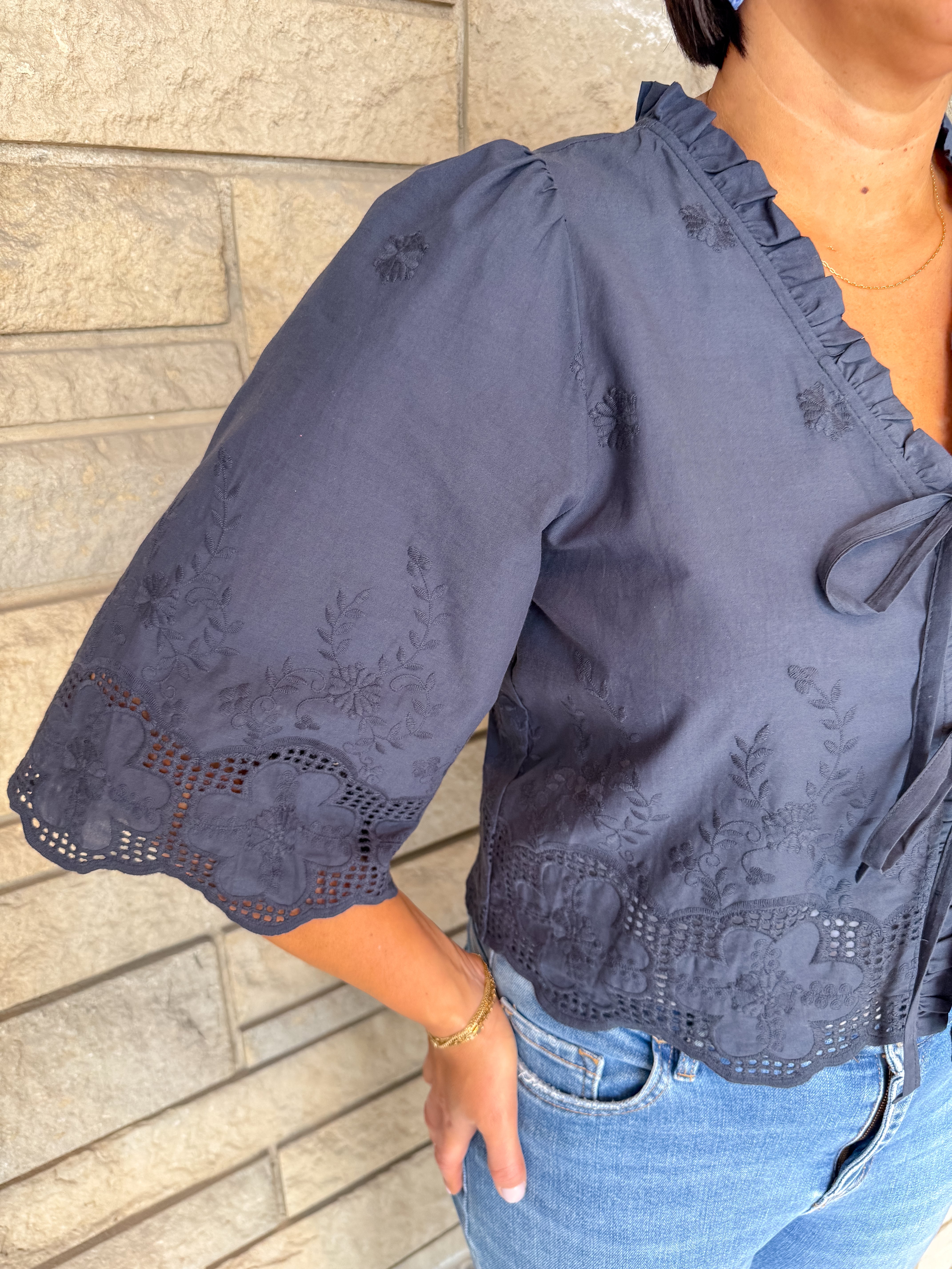 Martha Embroidered Ruffle Tie Top