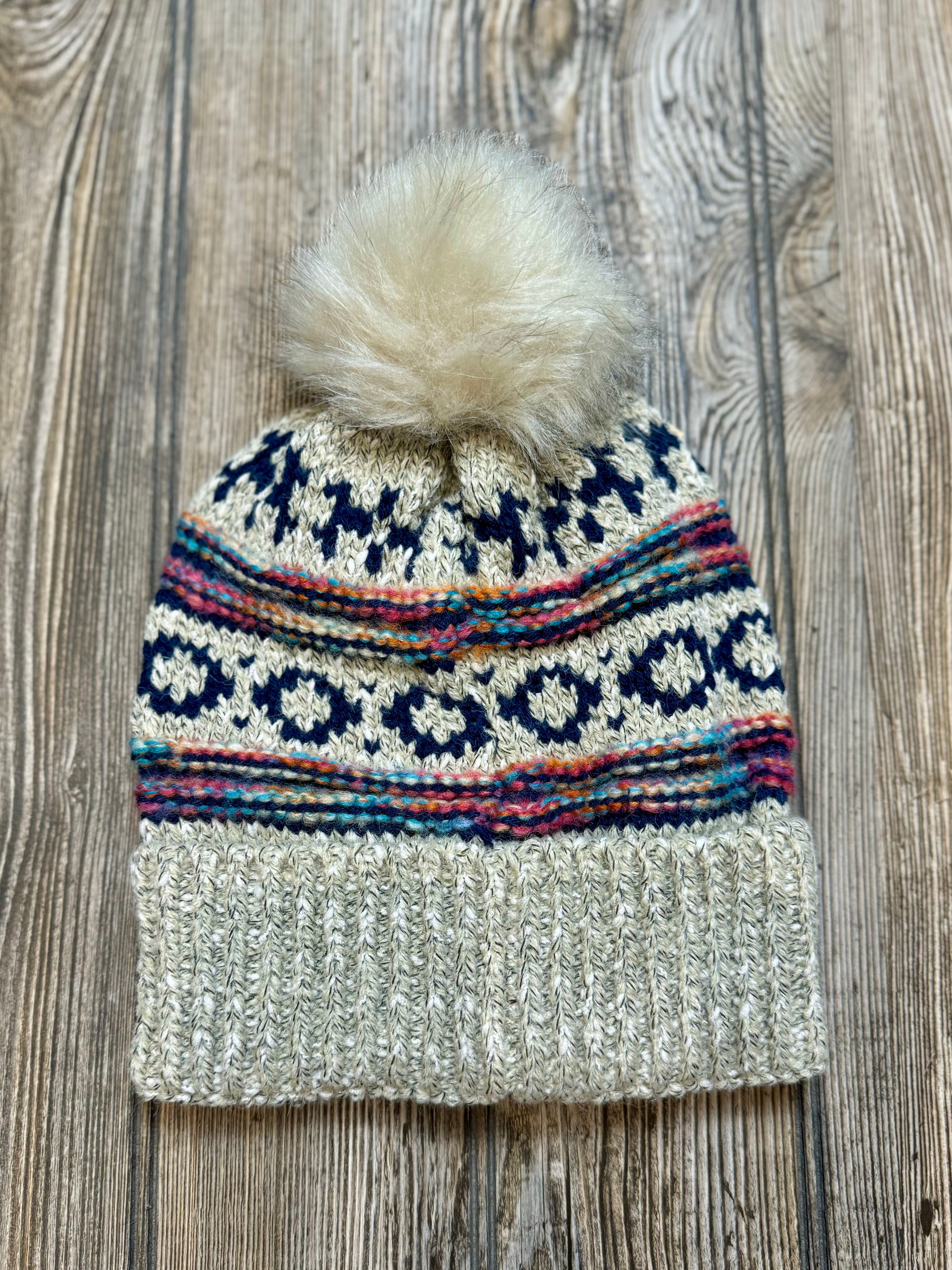 Patterned Multicolor Pom Hat