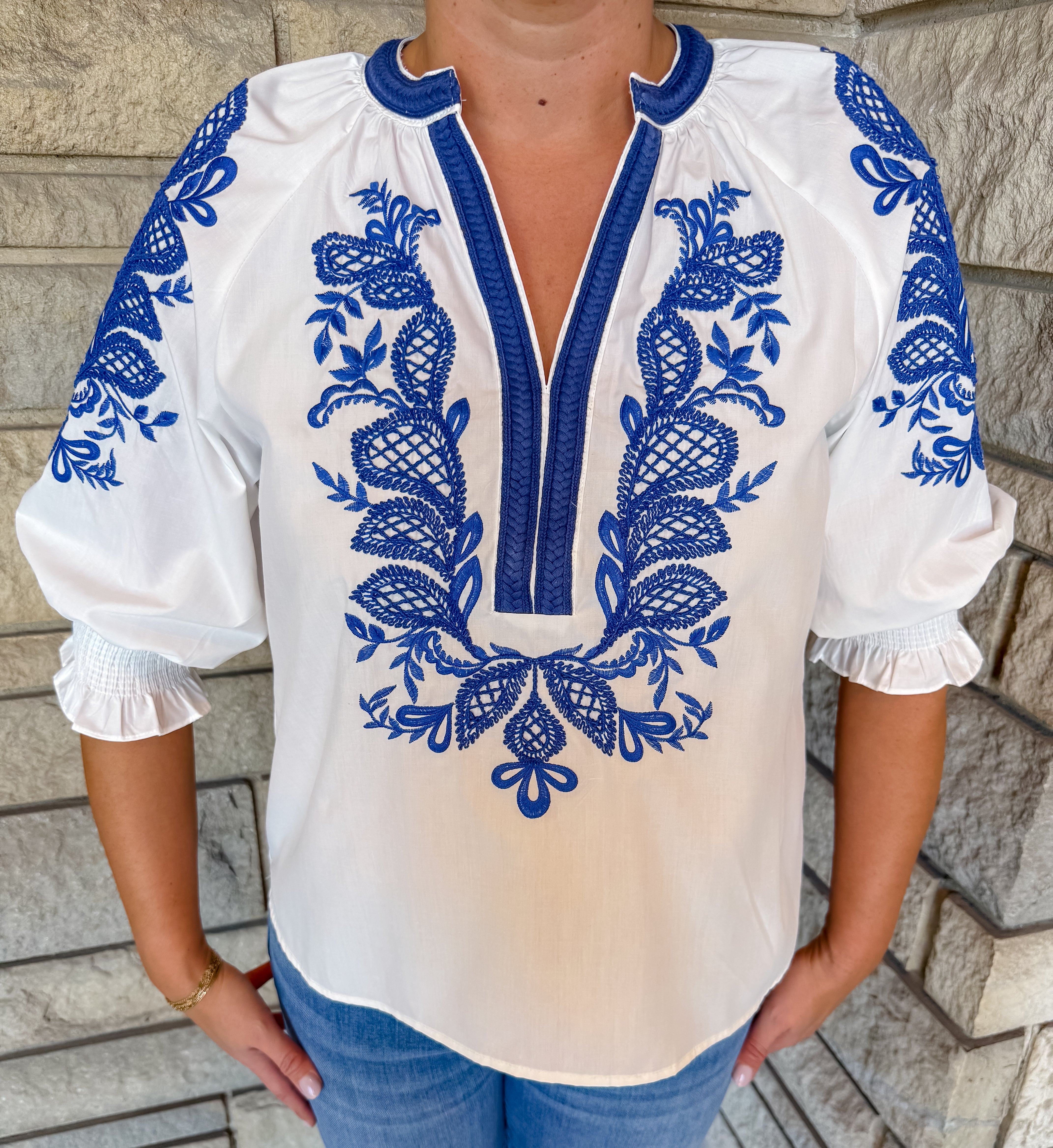 Tyra Embroidered Braided Trim Top