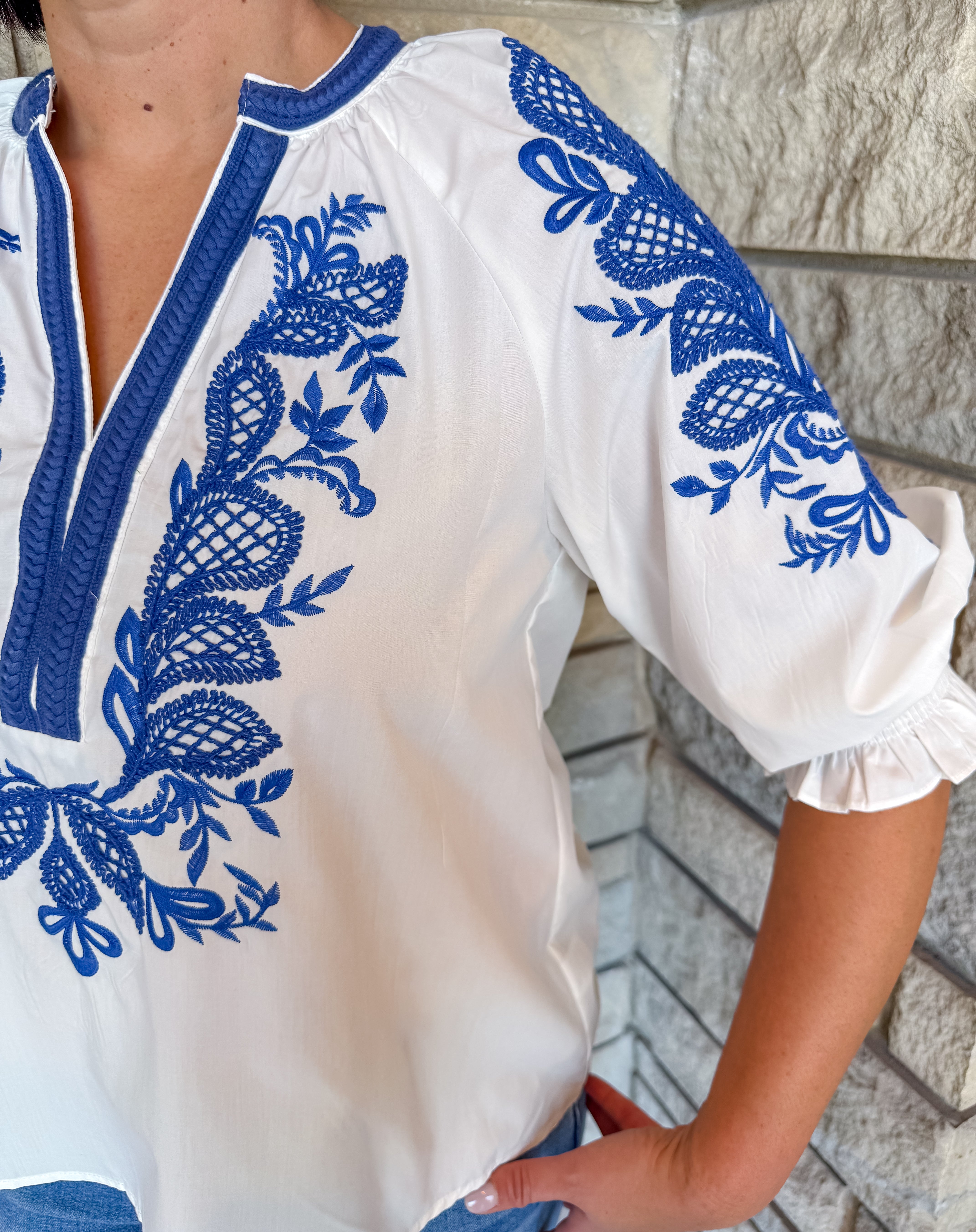 Tyra Embroidered Braided Trim Top