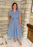 Navy and light blue striped midi dress. Buttons with collar and self tie waist belt. 