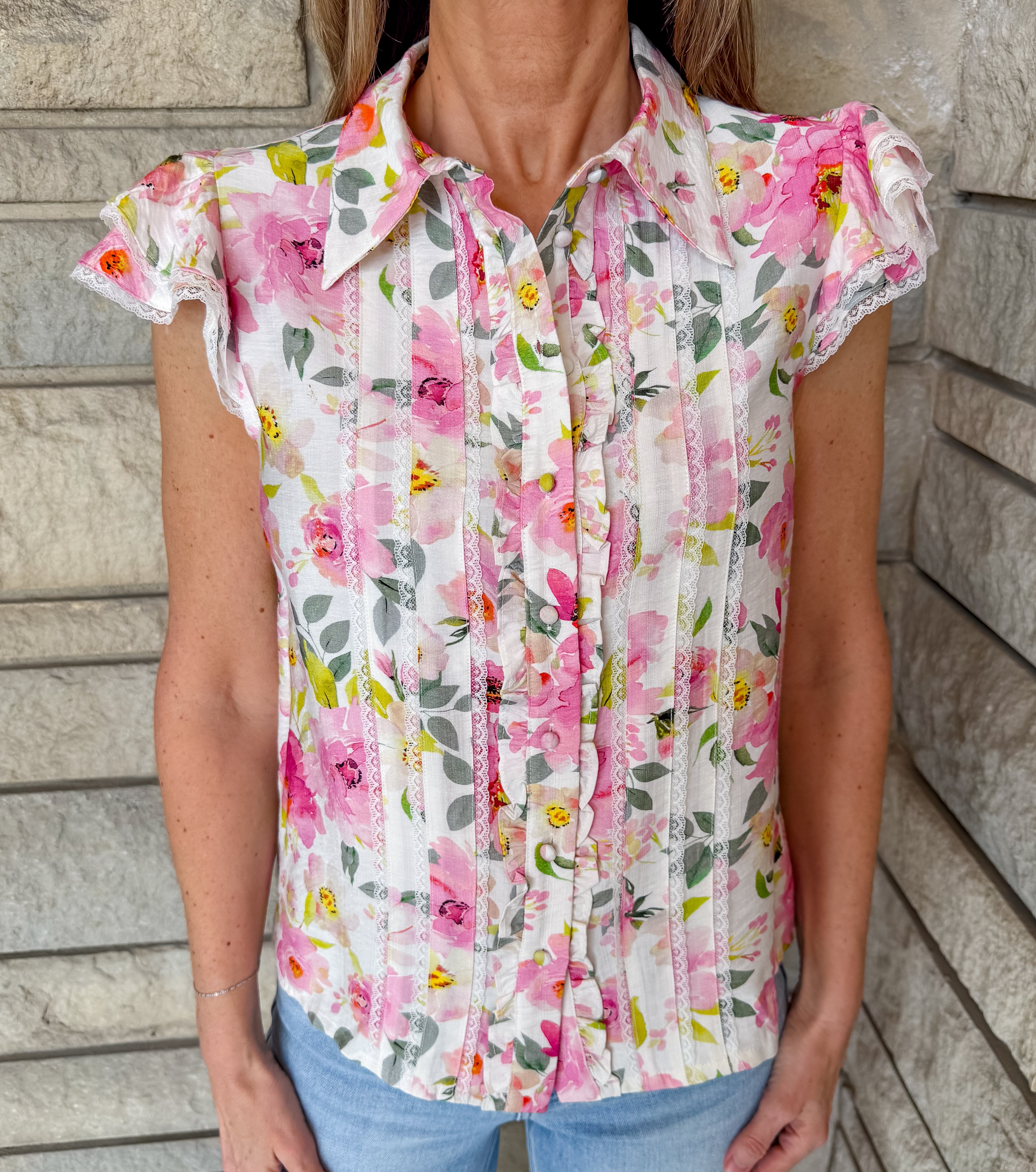 Sarah Floral Lace Trim Ruffle Top