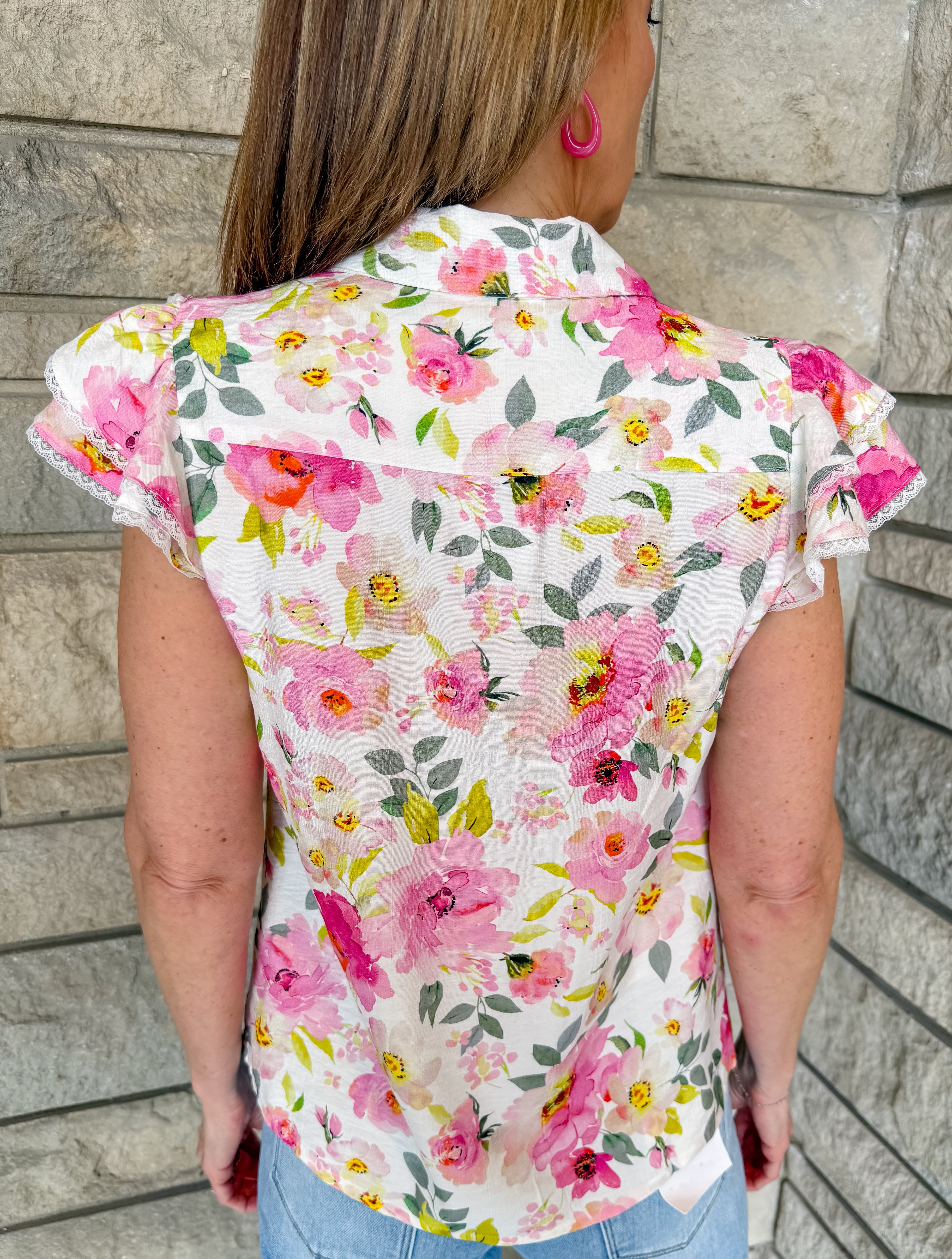 Sarah Floral Lace Trim Ruffle Top