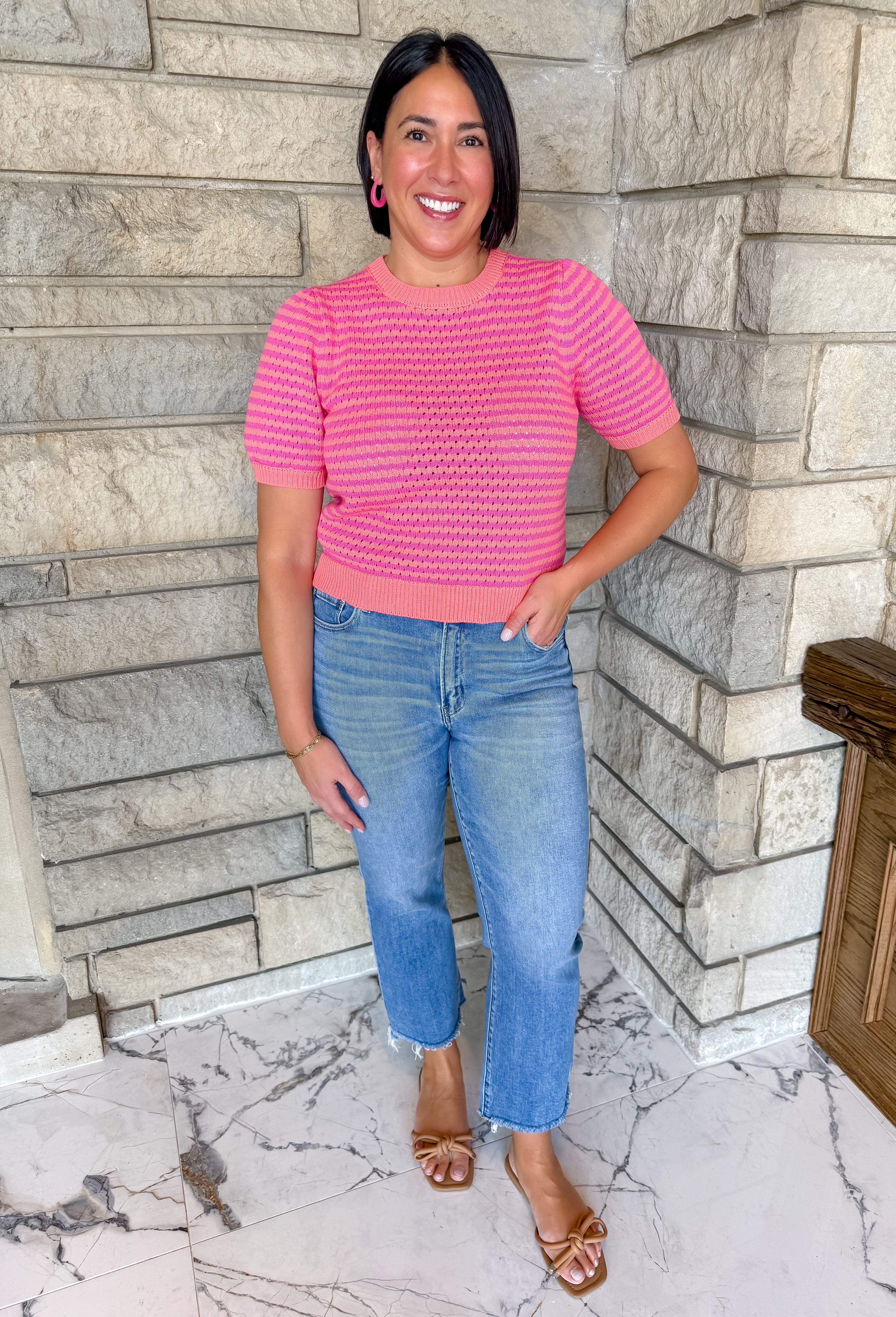 Pointelle short sleeve striped sweater. Summer sweater with short puff sleeves. Pink and coral striped short sleeve summer sweater.