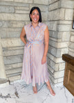 orange/light blue striped midi dress
button collar with gold buttons
asymmetrical buttons on skirt
wrap front with self tie