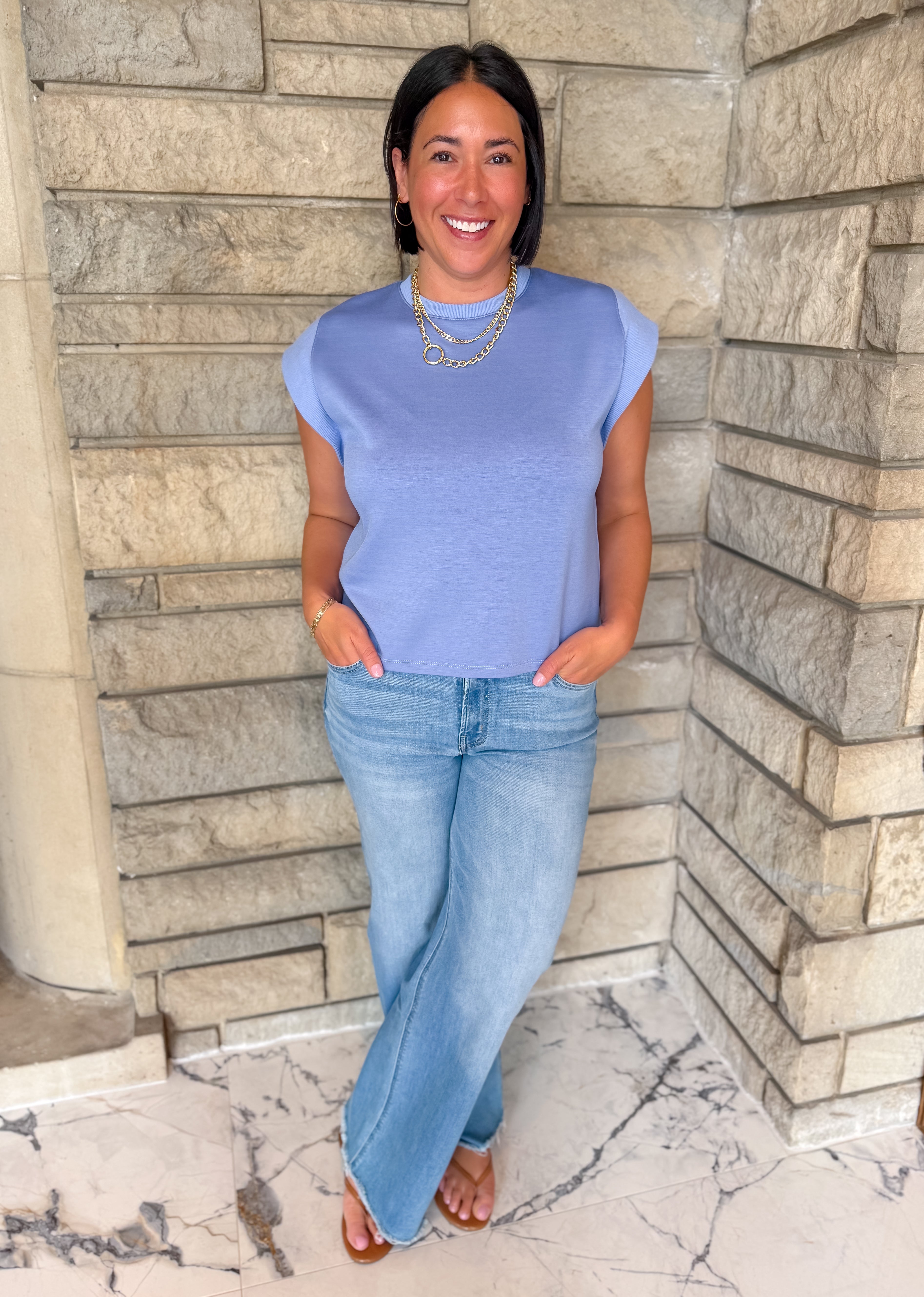 Periwinkle blue Cap sleeve top
casual top with round neck and cap sleeves
