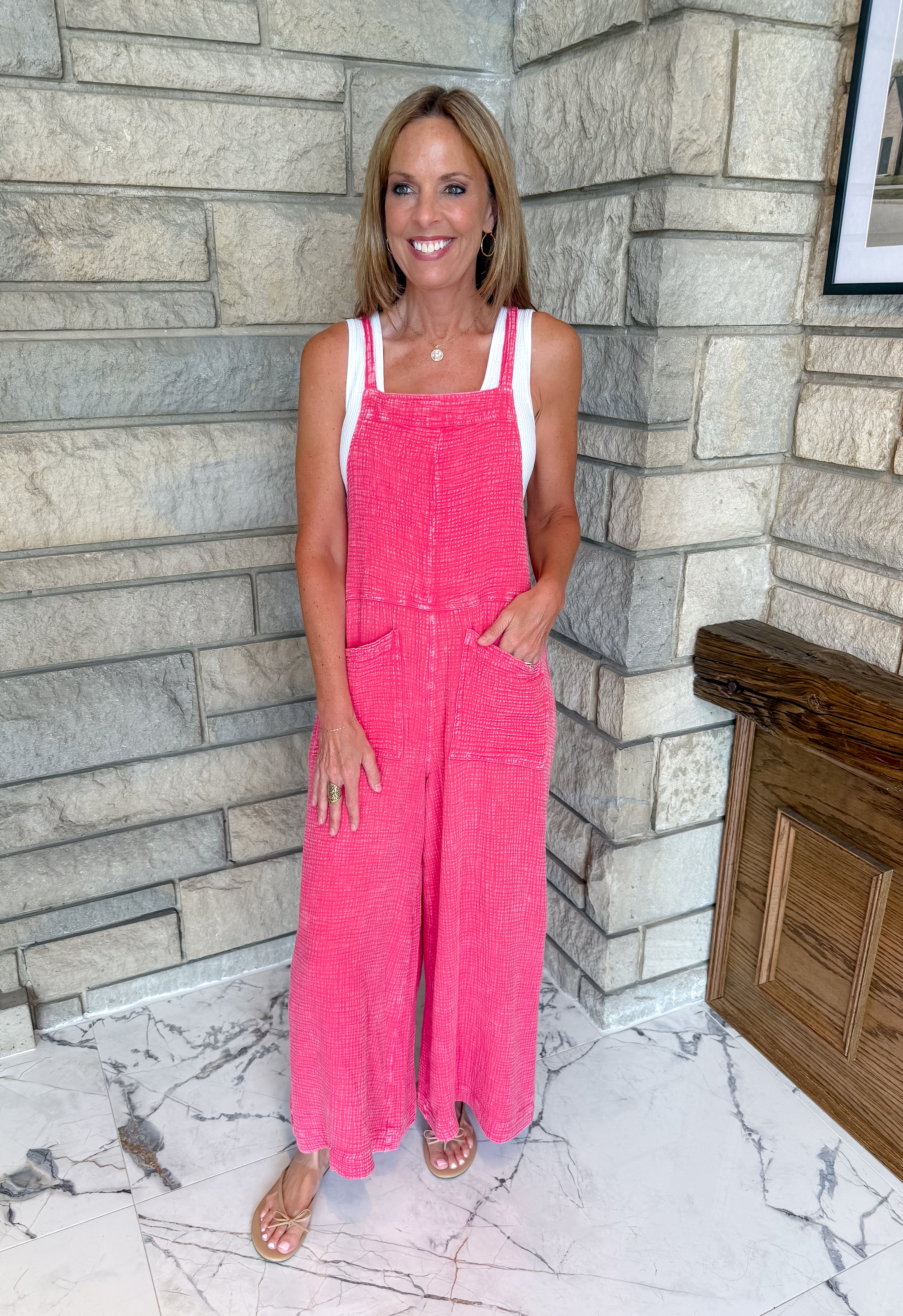 hot pink overall jumpsuit
back tie textured cotton overalls
wide leg ankle length jumpsuit
Washed cotton