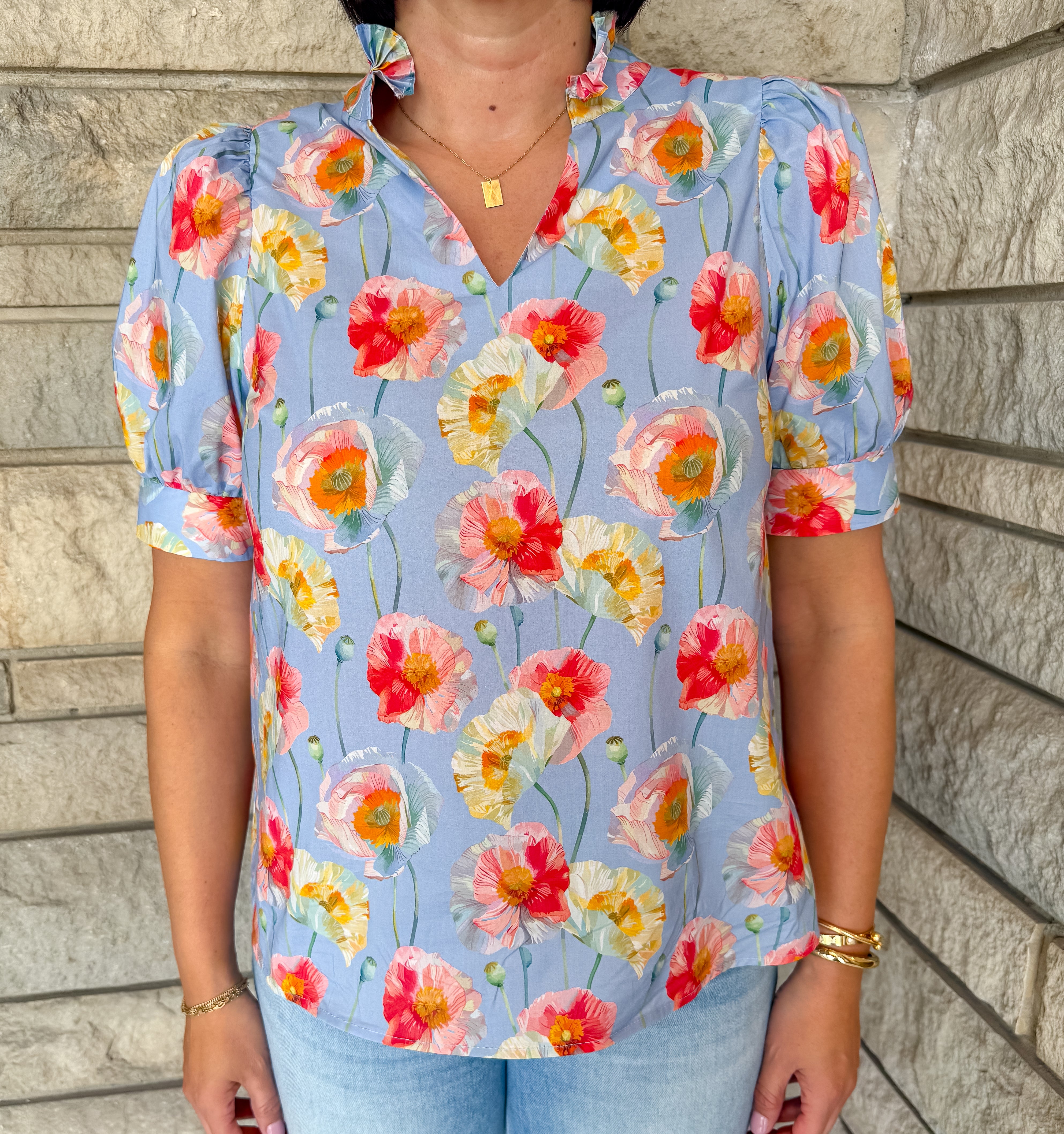 Mari Floral Ruffle Neck Top