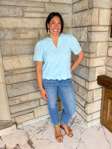 light blue short sleeve bubble sleeve top scallop hem 3D floral stitch design