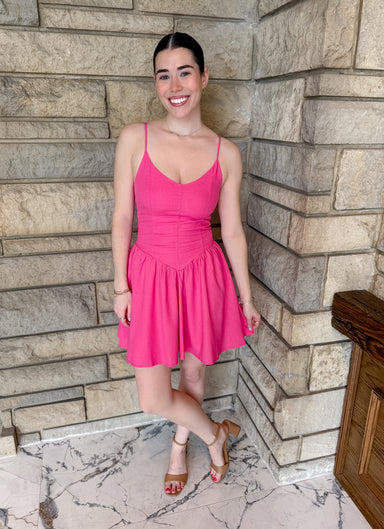 hot pink spaghetti strap fit and flare dress