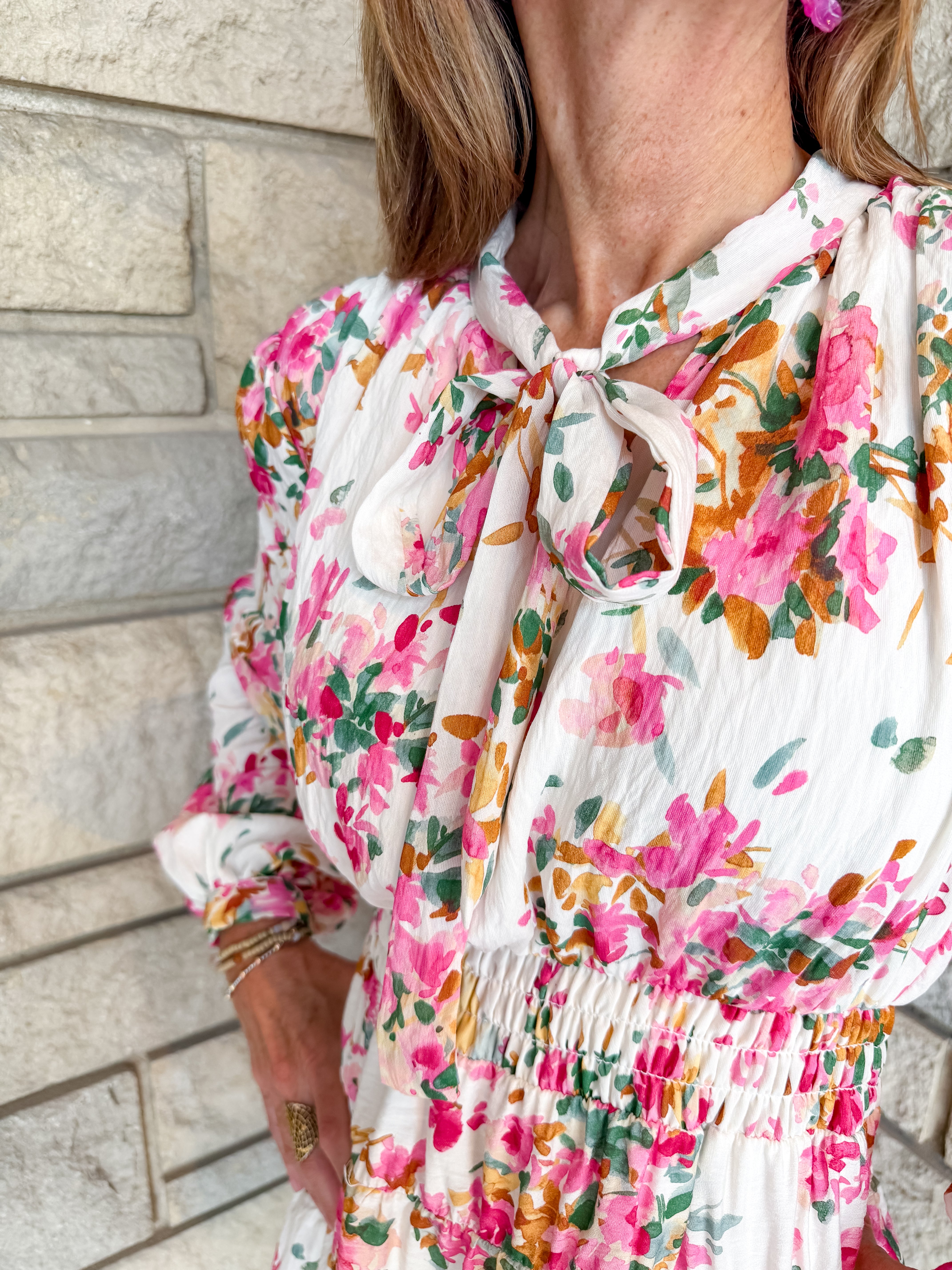 Miriel Floral LS Tie Neck Dress