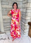 Sleeveless red pink print dress mini ruffle sleeves button front tie waist tiered skirt