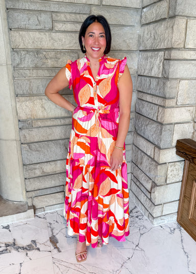 Sleeveless red pink print dress mini ruffle sleeves button front tie waist tiered skirt