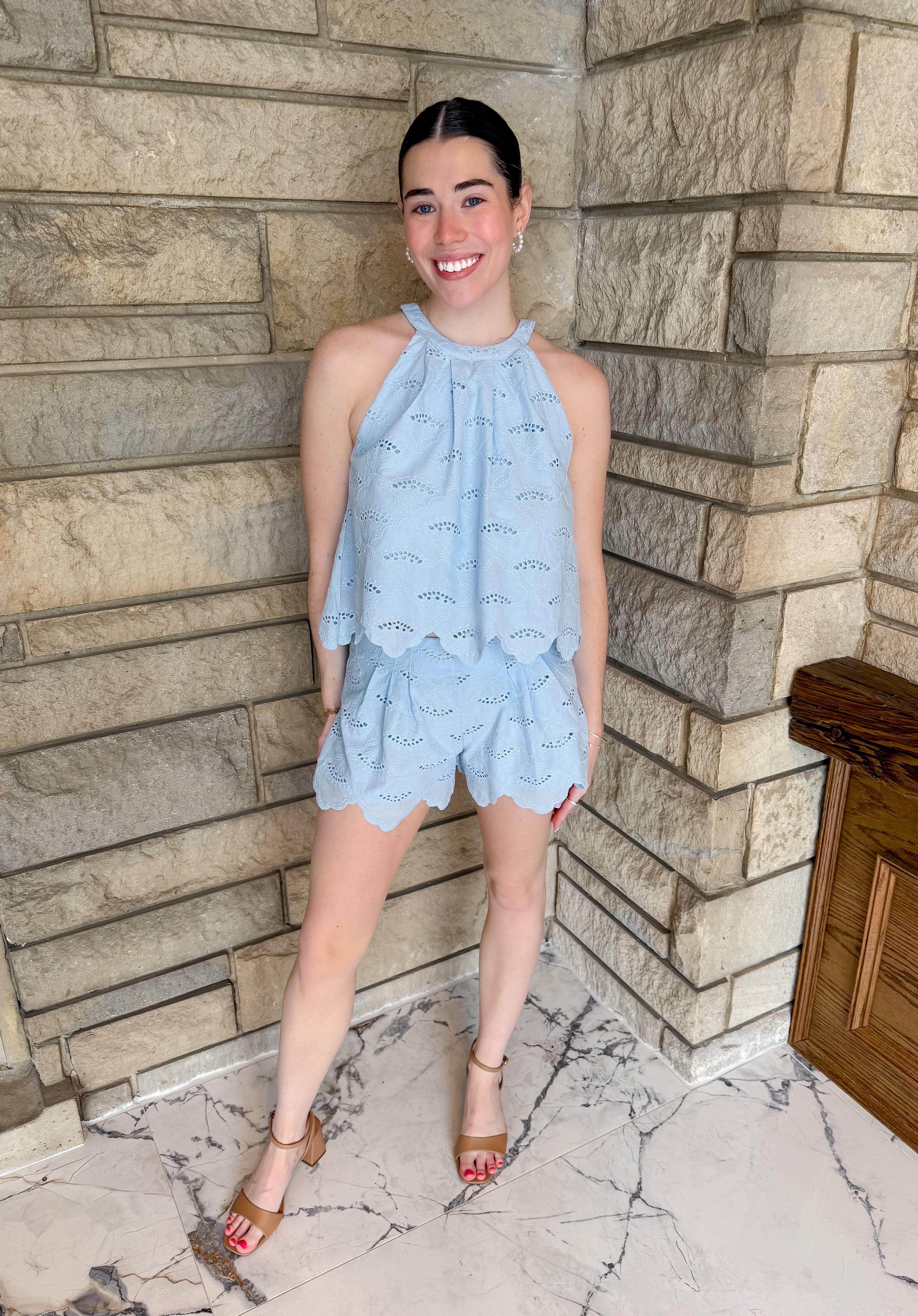 light blue eyelet halter style tank and shorts set 