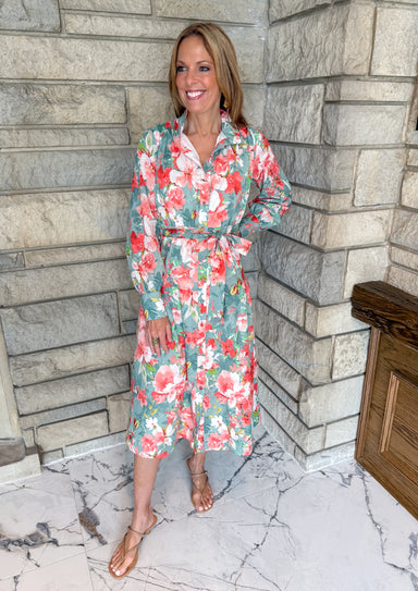 Teal with coral and pink flowers midi dress button front collar and tie belt