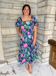 Navy Dress bright floral square neckline short puff sleeves midi length back tie