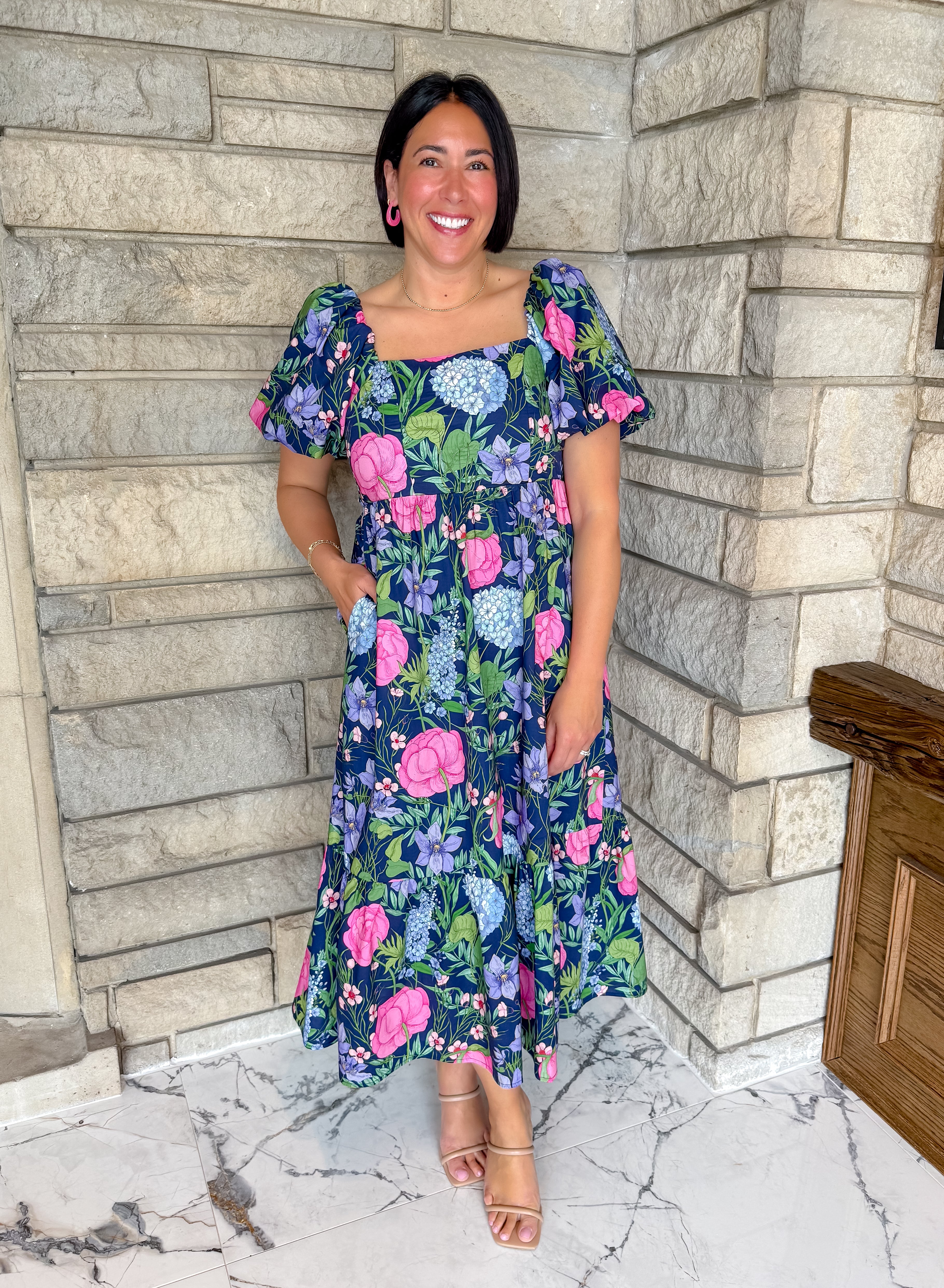 Navy Dress bright floral square neckline short puff sleeves midi length back tie