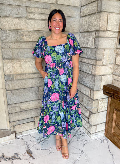 Navy Dress bright floral square neckline short puff sleeves midi length back tie