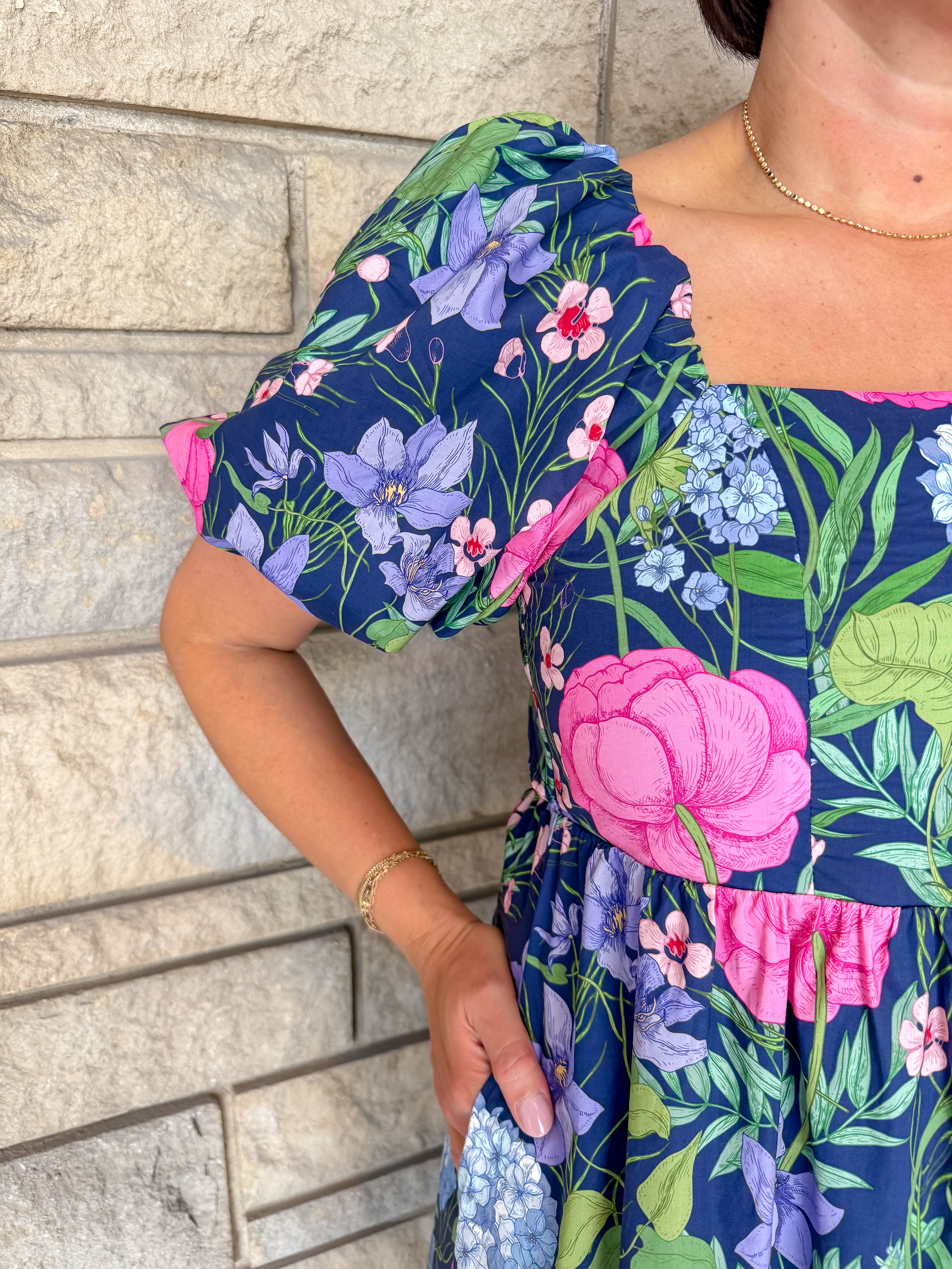 Liza Floral Puff Sleeve Back Tie Midi Dress