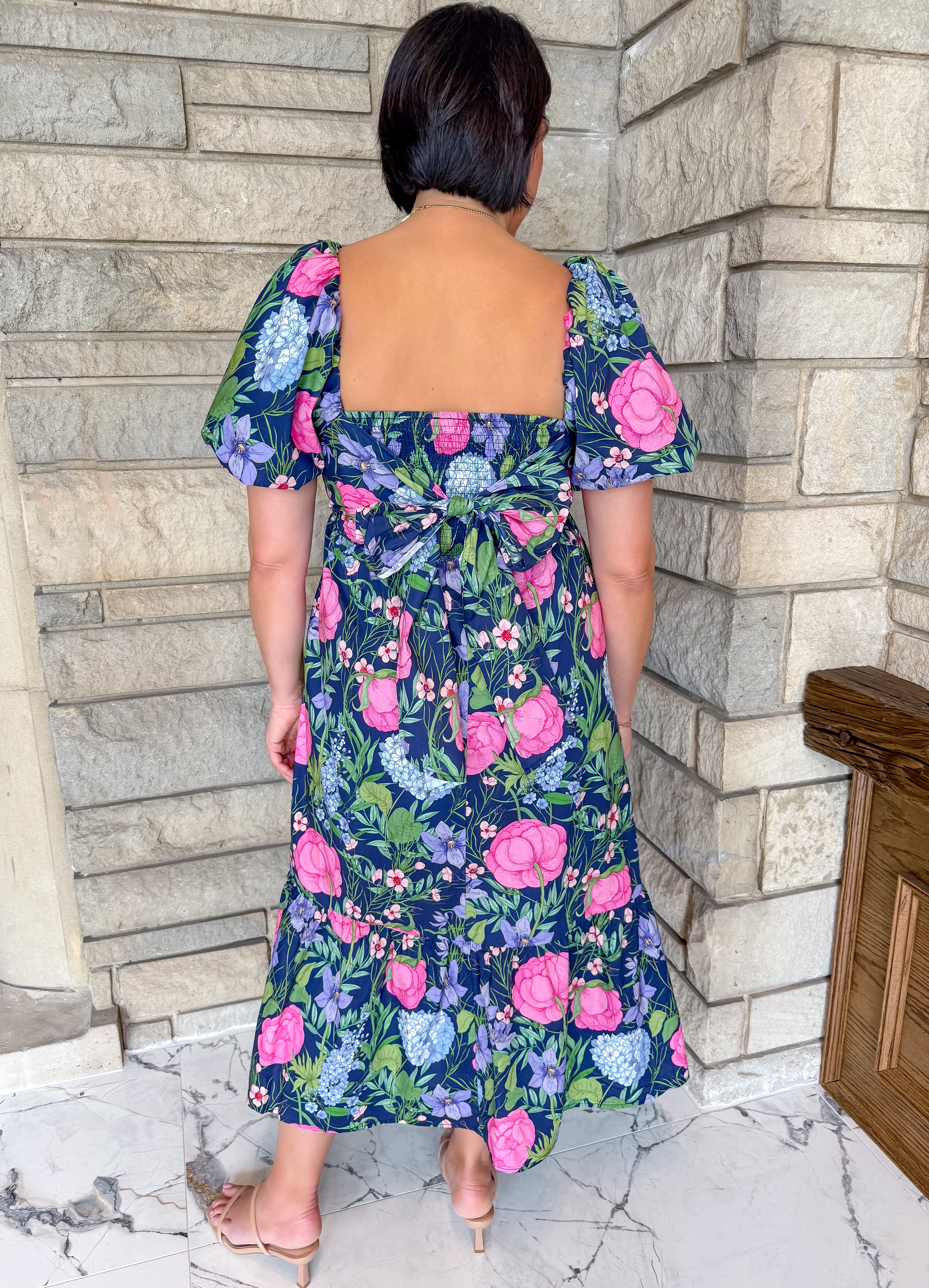 Liza Floral Puff Sleeve Back Tie Midi Dress