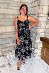 Black dress with light brown and ivory flowers
embroidered midi dress