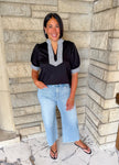 black soft jersey top 
striped contrast trim and cuffs
short puff sleeves
