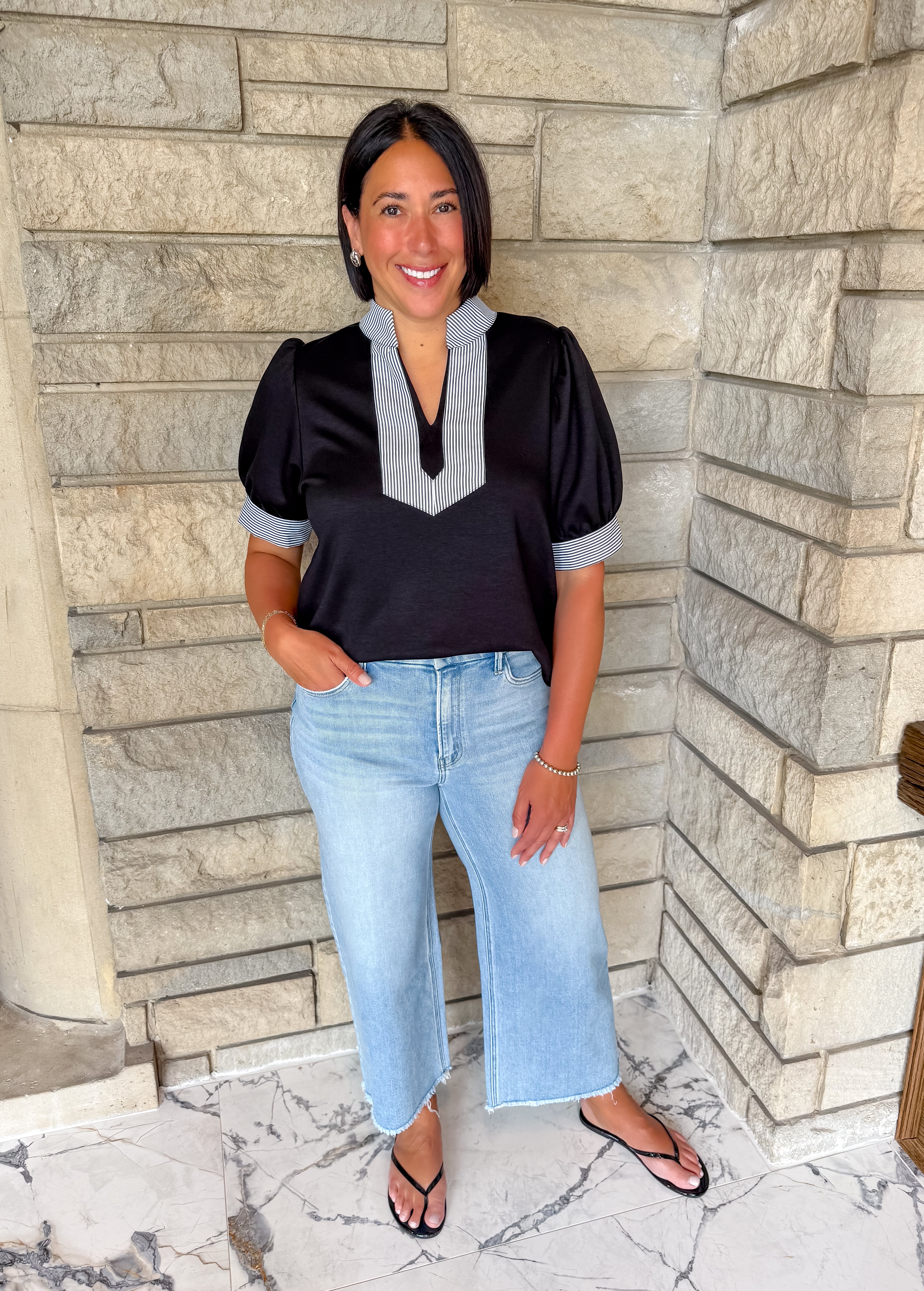 black soft jersey top 
striped contrast trim and cuffs
short puff sleeves