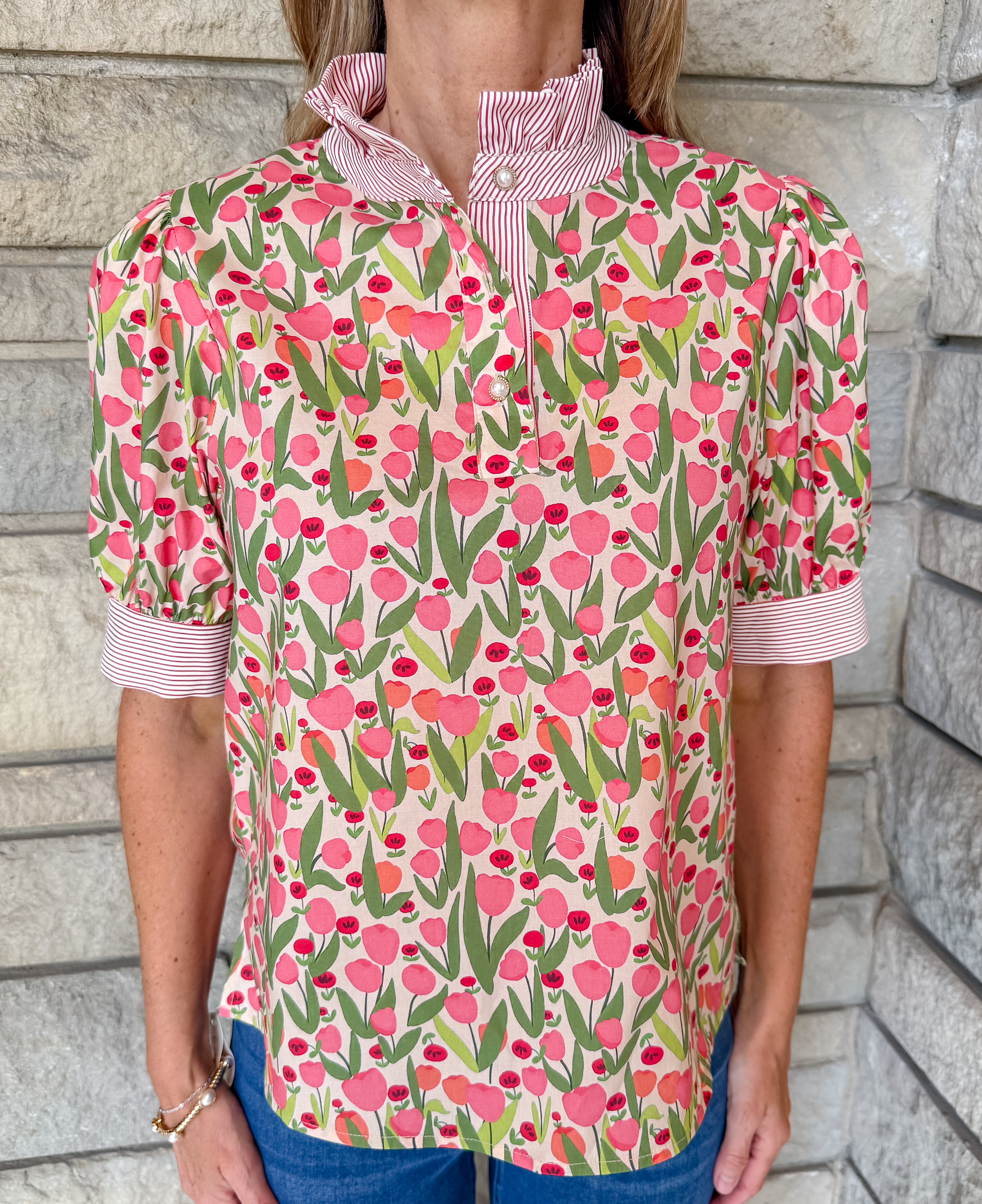 Jillian Mix Print Pearl Button Top