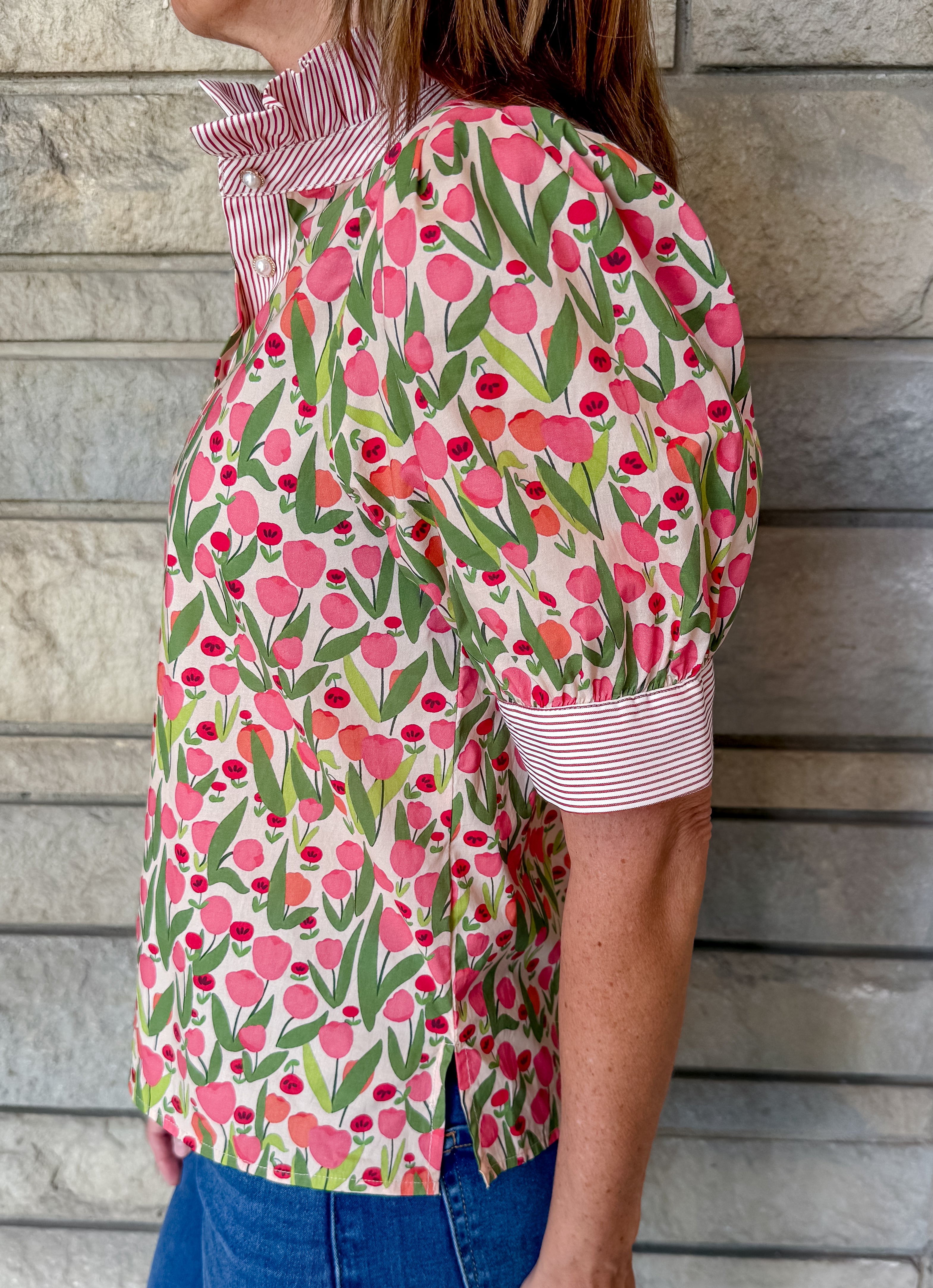 Jillian Mix Print Pearl Button Top
