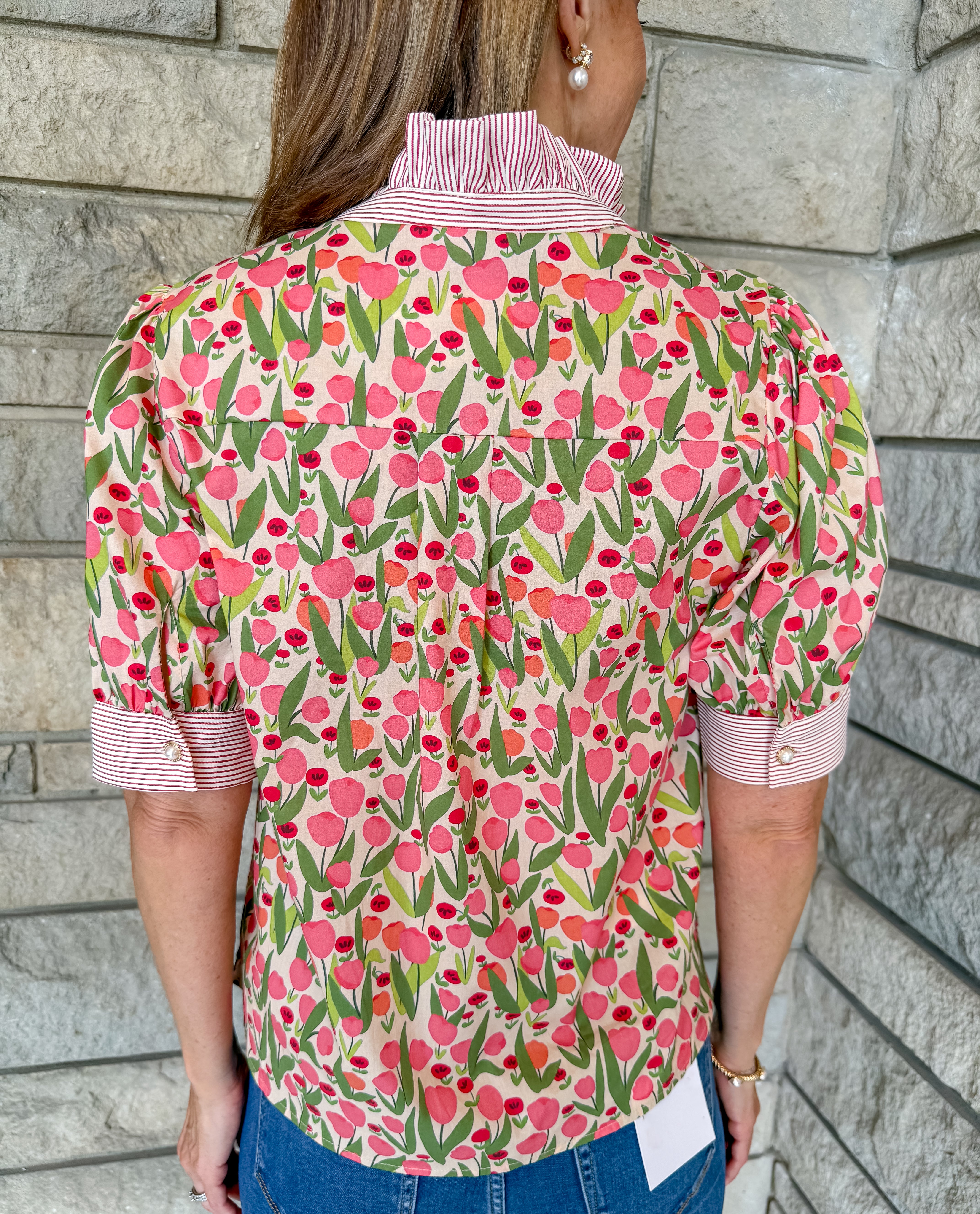 Jillian Mix Print Pearl Button Top