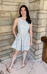 light blue dress with cream embroidery
fit and flare dress