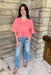 v neck t-shirt
mineral washed
peplum hem
mini ruffle trim short bell sleeves