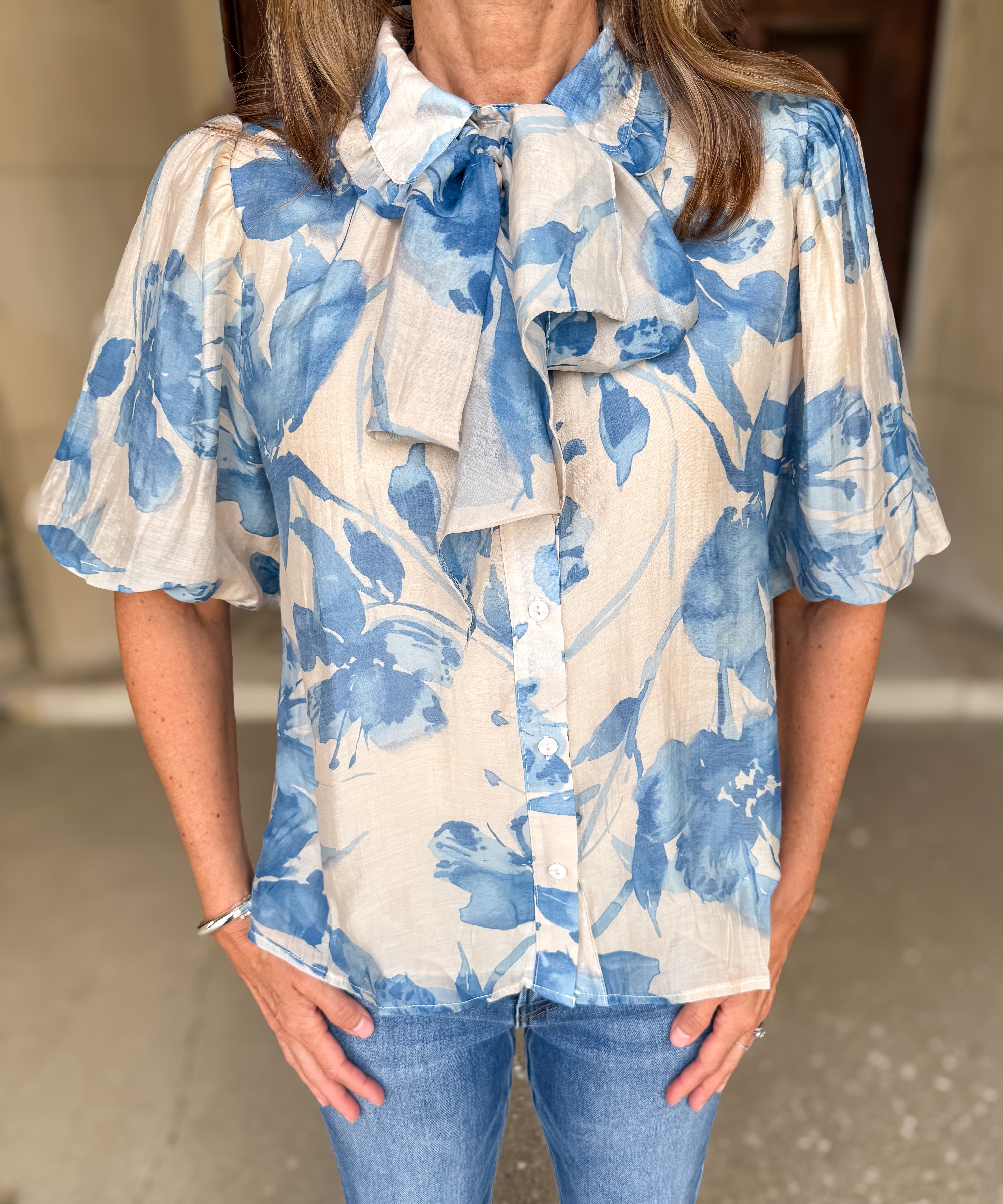 Janie Floral Button Tie-Neck Top FINAL SALE