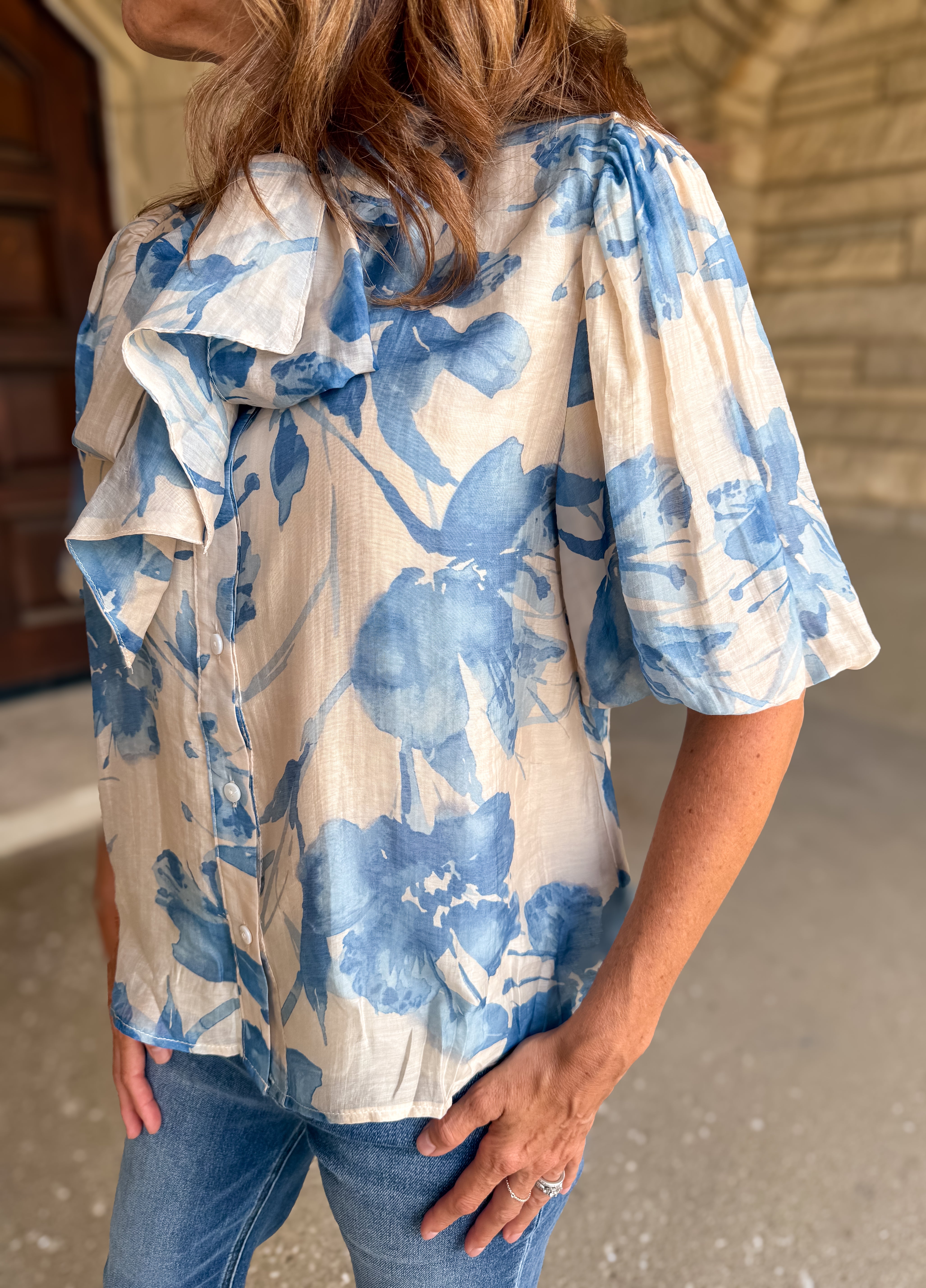 Janie Floral Button Tie-Neck Top FINAL SALE