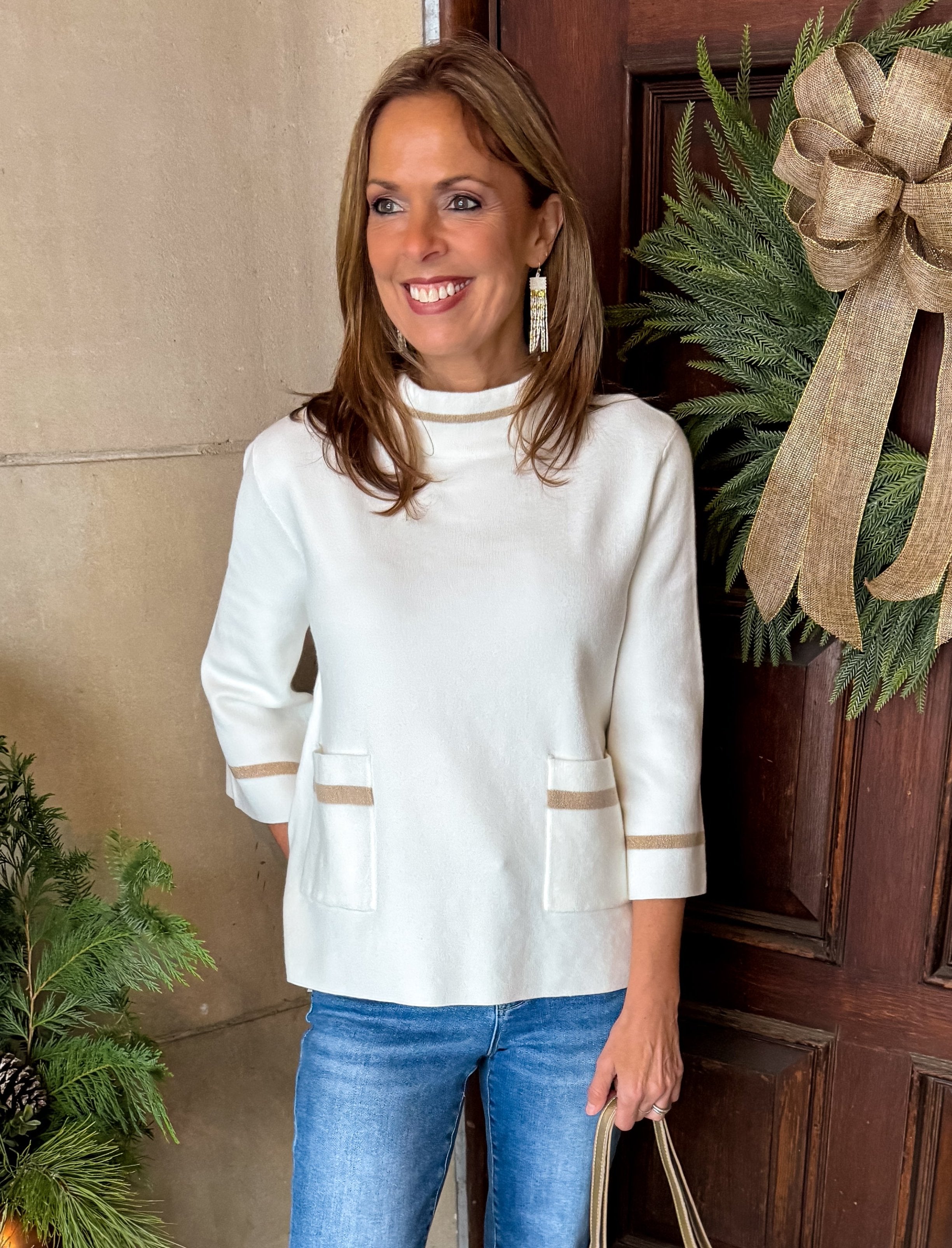 Jackie Mock Neck Bell Sleeve Pocket Sweater