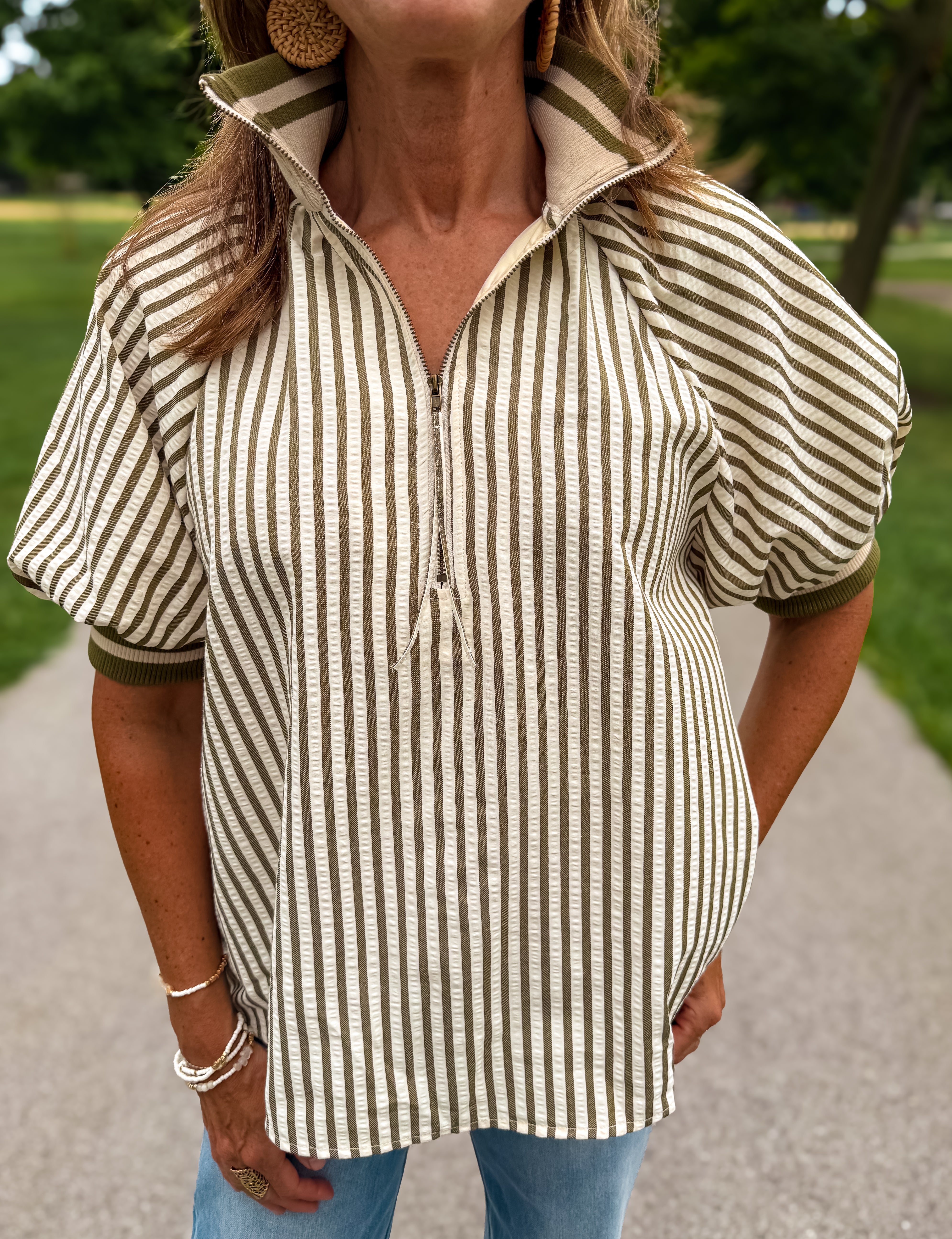Maribel Stripe Zip Collar Top FINAL SALE