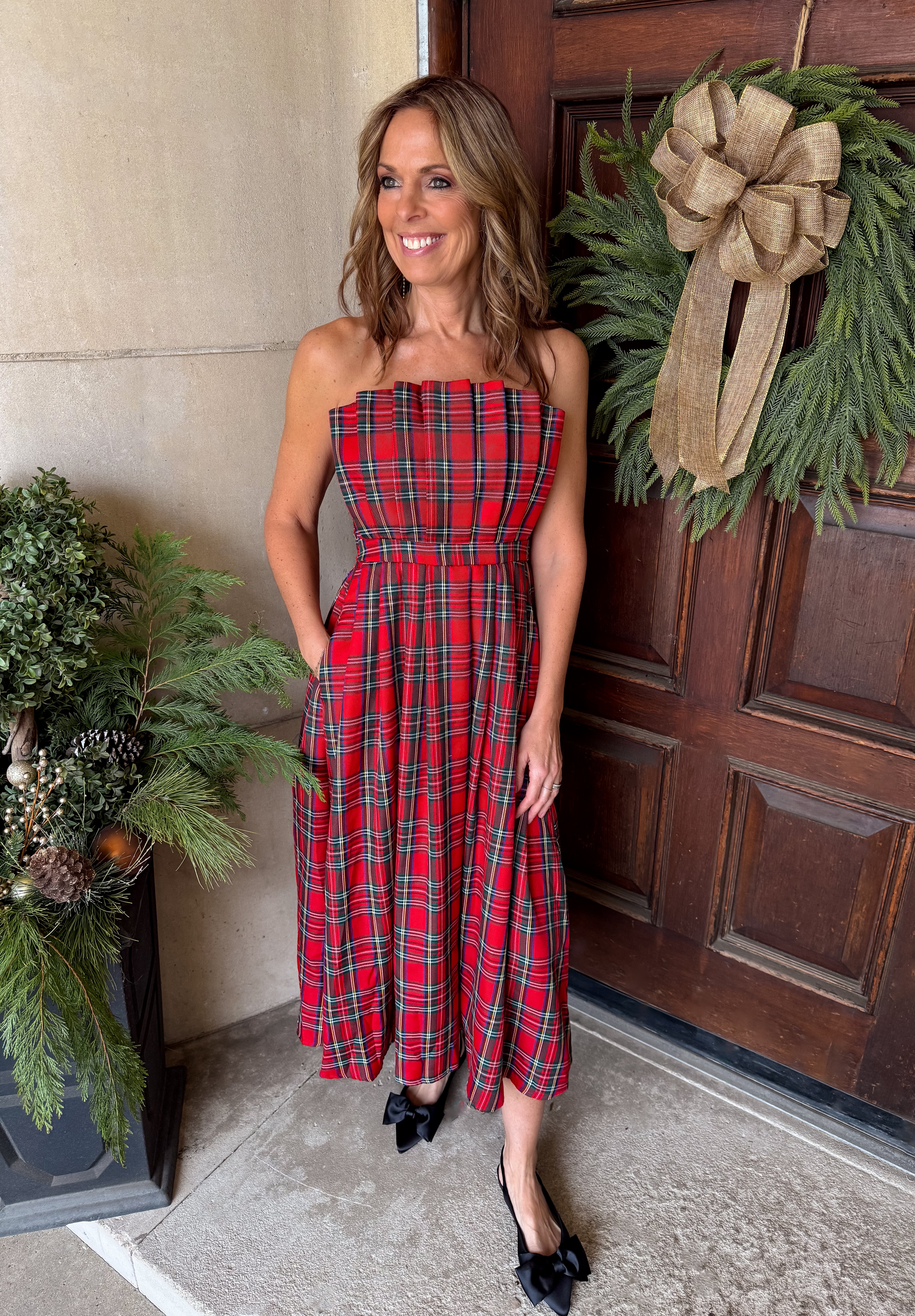 Vanna Plaid Strapless Midi Dress