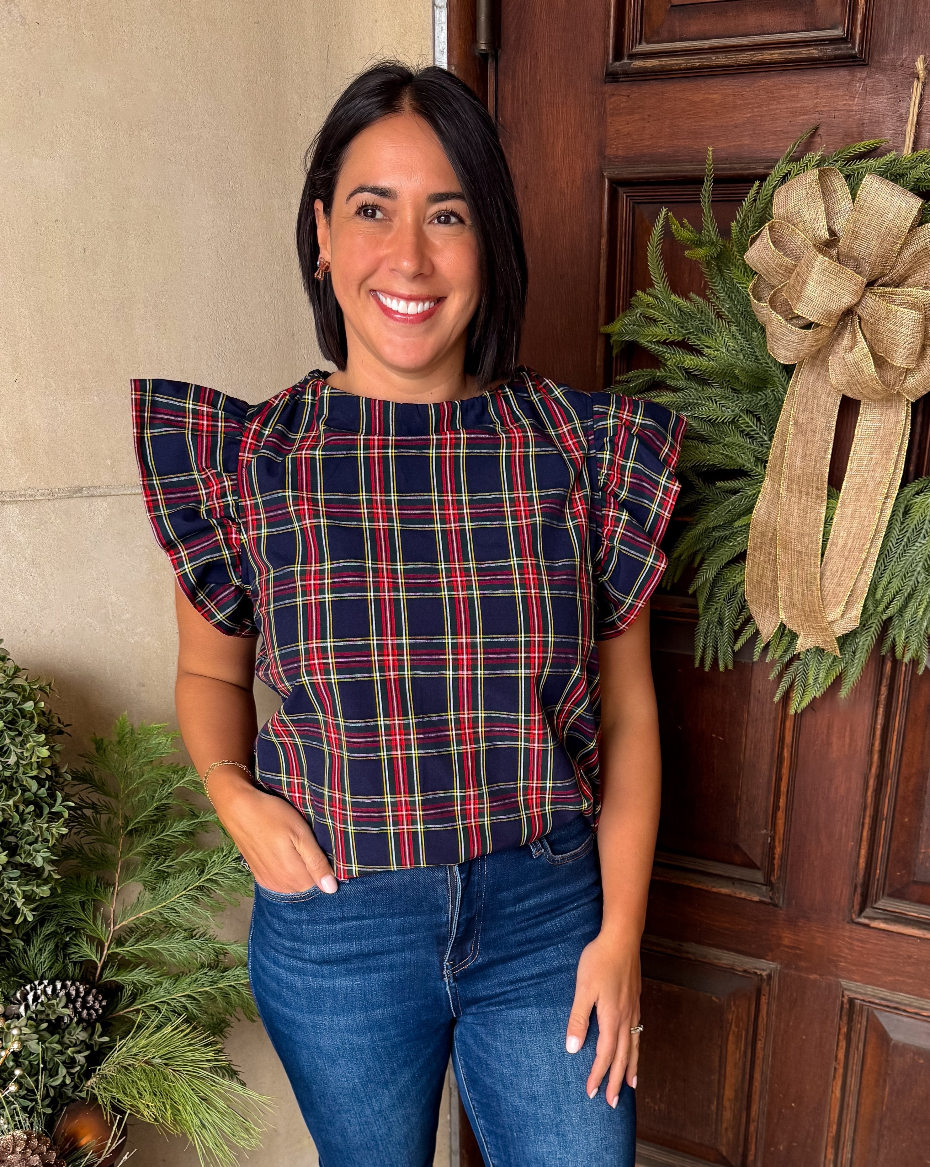 Lilith Plaid Ruffle Tie Neck Top