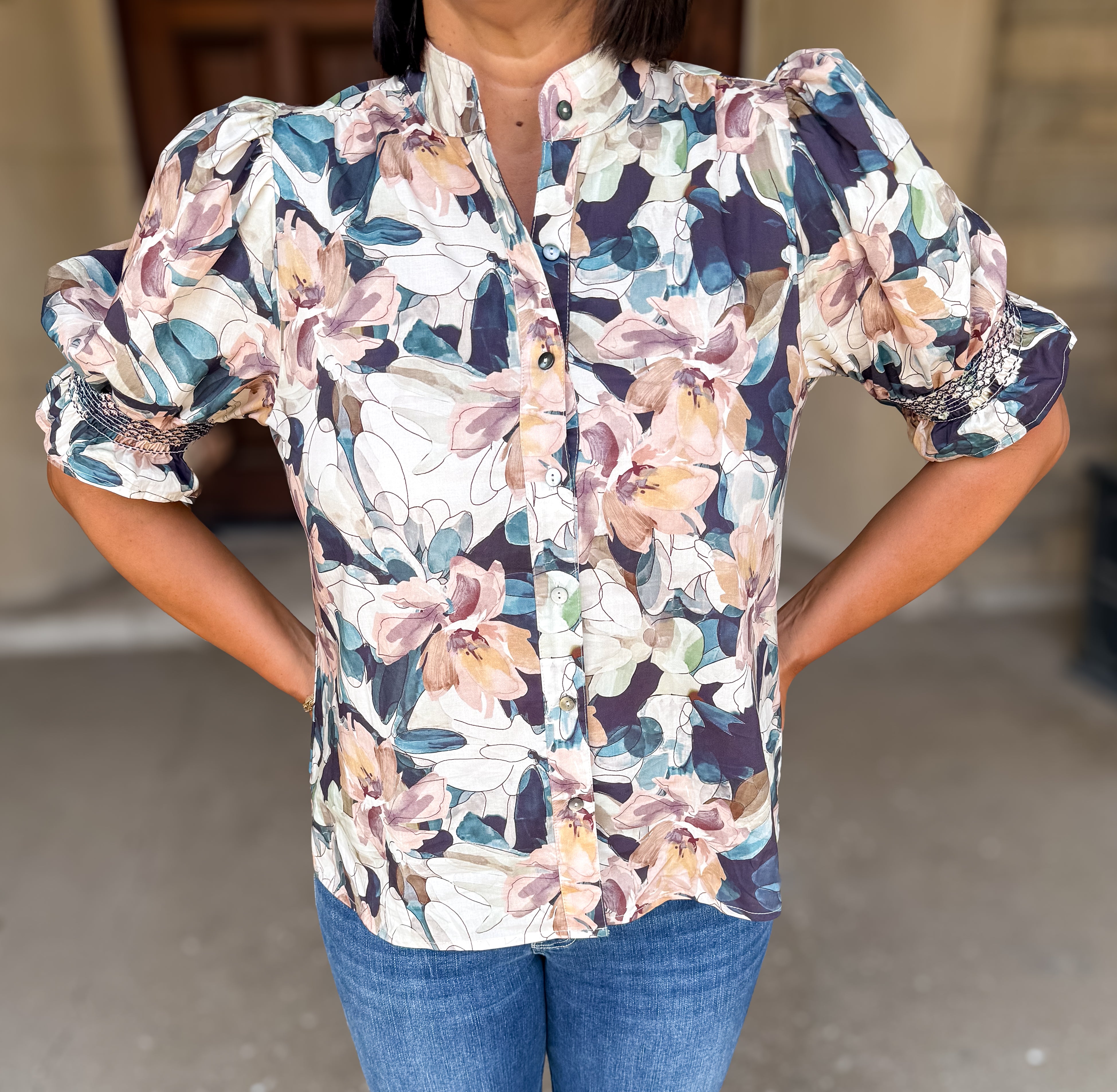 Dallas Watercolor Floral Button Top FINAL SALE