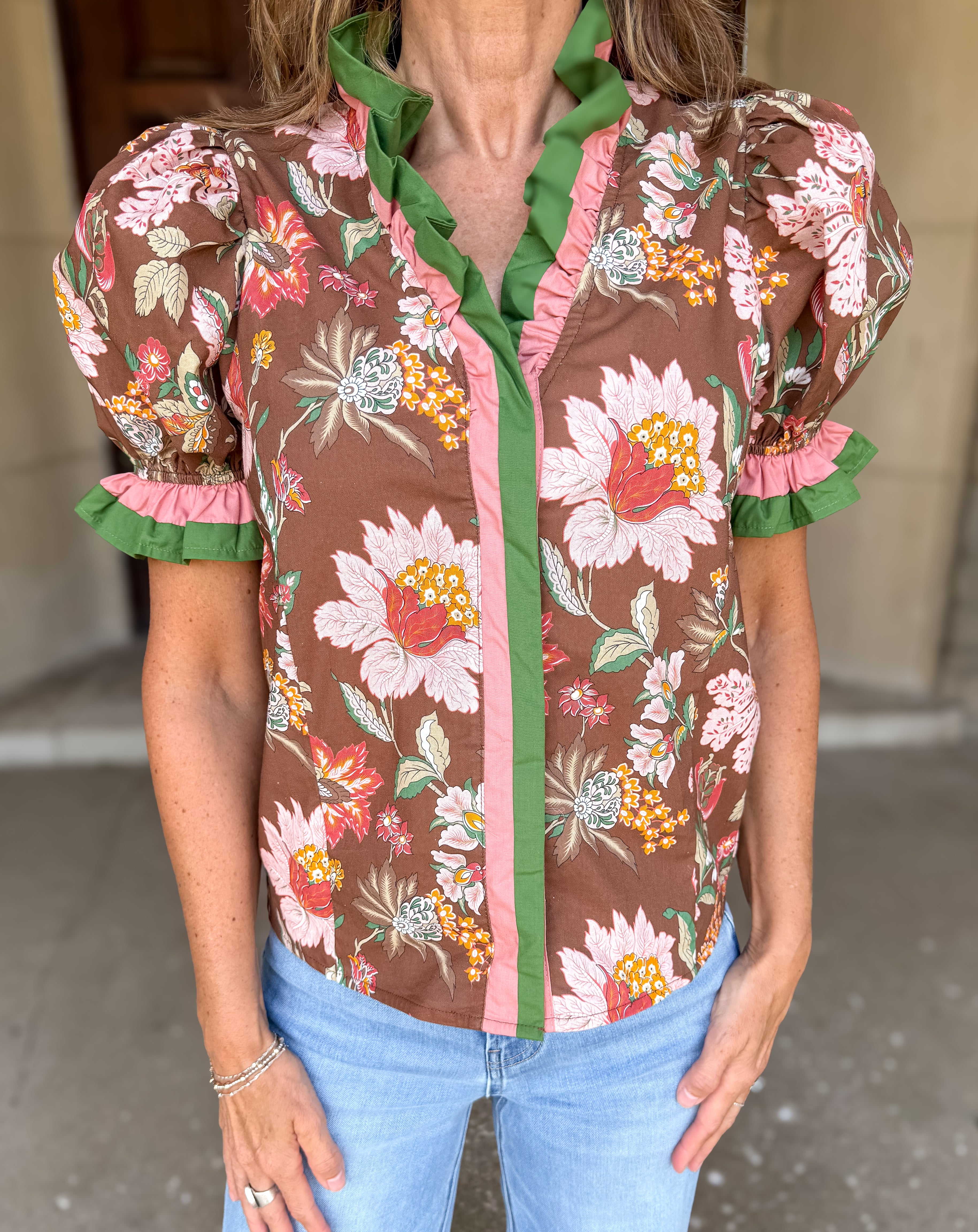 Leyani Floral Ruffle Snap Top