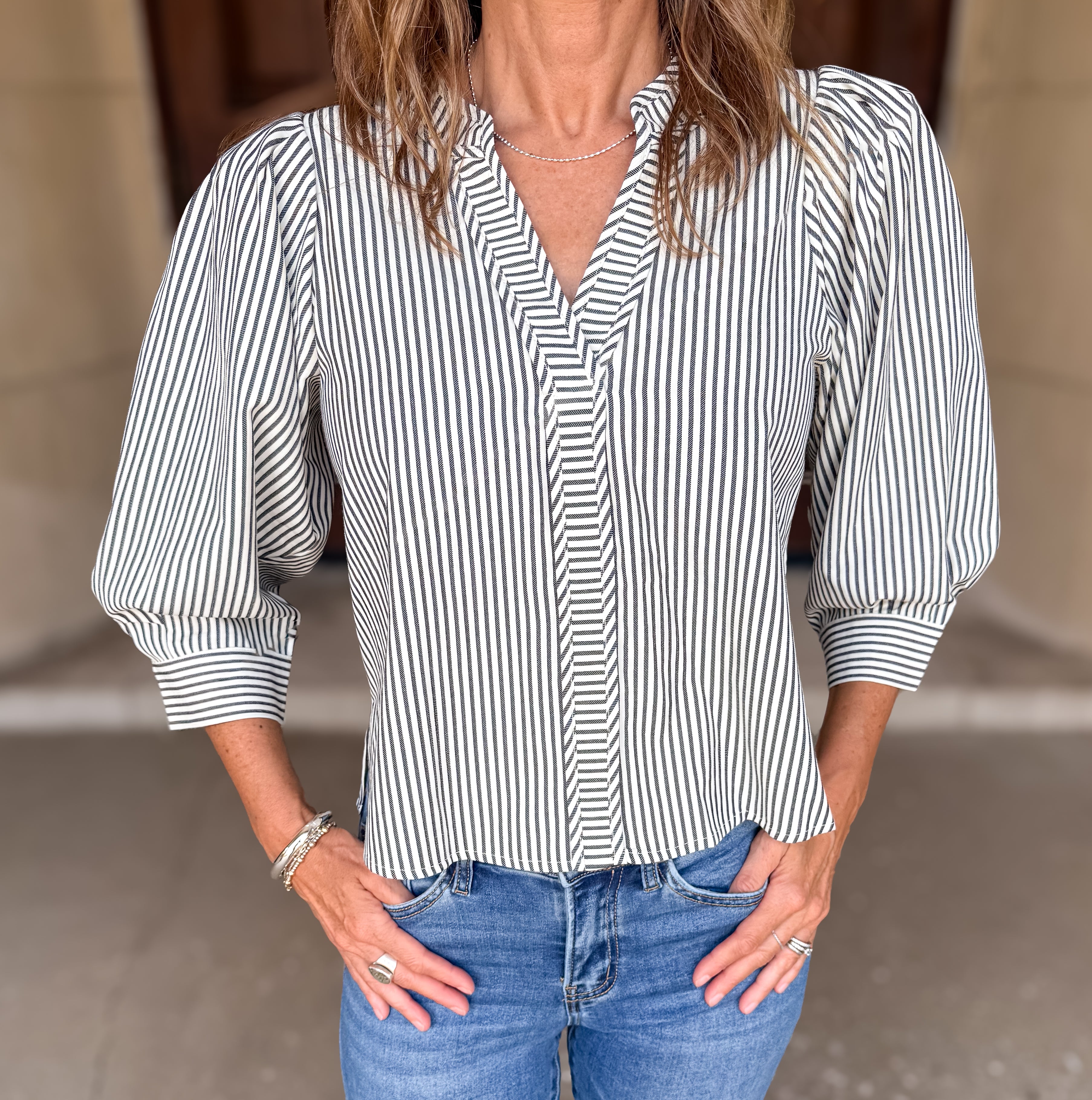 Leesa Striped Band Collar Top