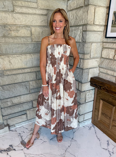 Browns and Cream mini pleated midi dress with spaghetti straps 