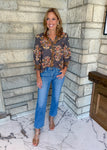 Mocha blouse with browns and tans flower print smocked ruffle trim