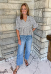 Black and off white seercuker striped blouse peplum hem 3/4 sleeves with ruffle cuffs