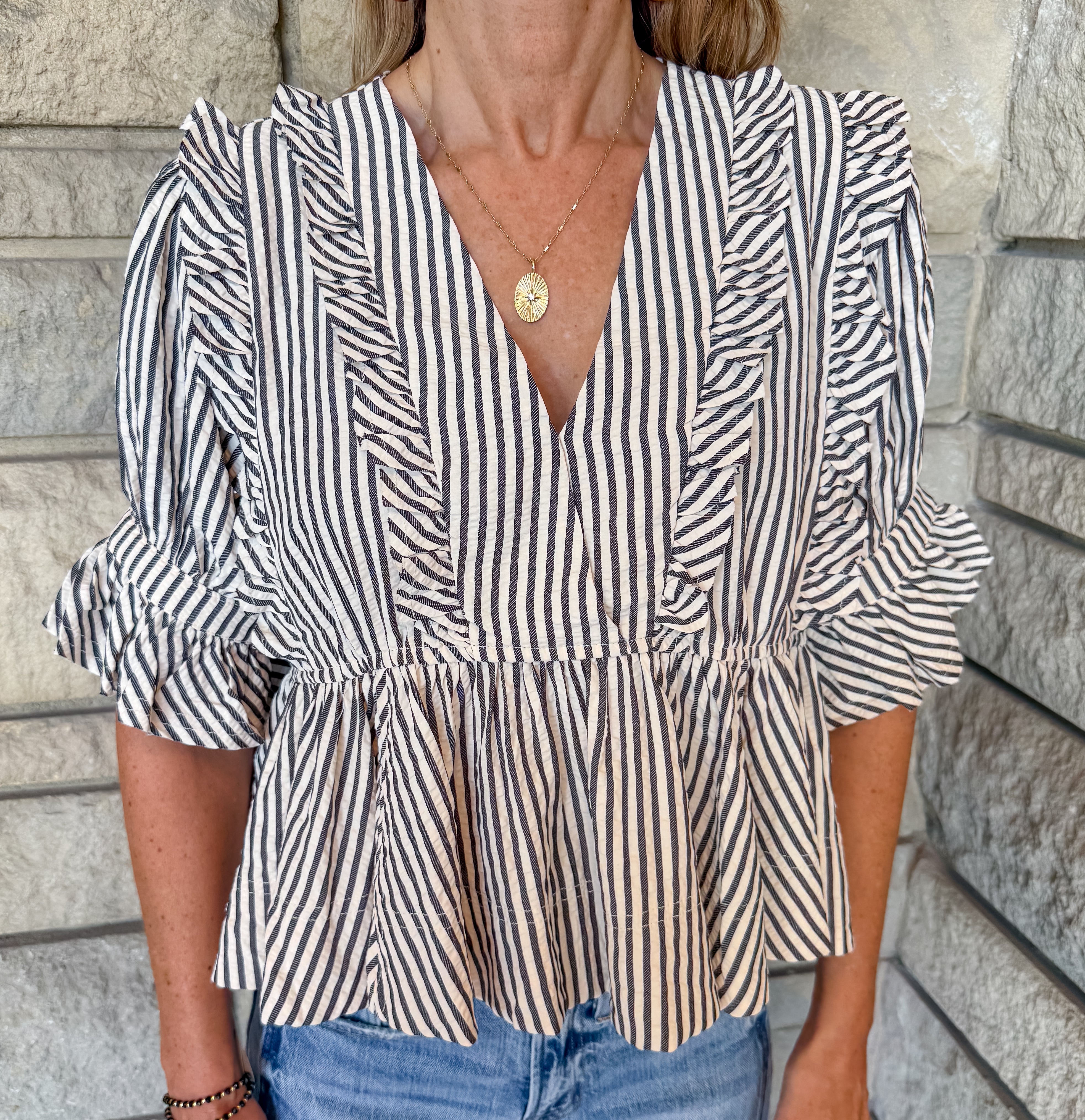Gail Seersucker Ruffle Peplum Top